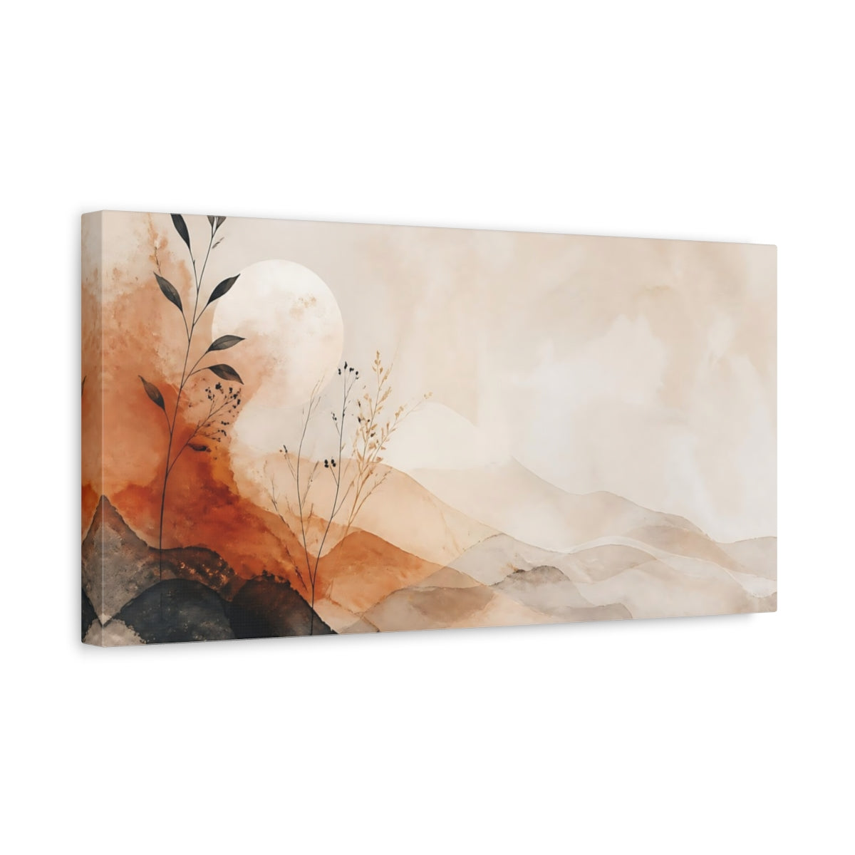 Side Mockup 3. Nature Abstract Mountains Terracotta And Beige shown as stretched canvas wall art