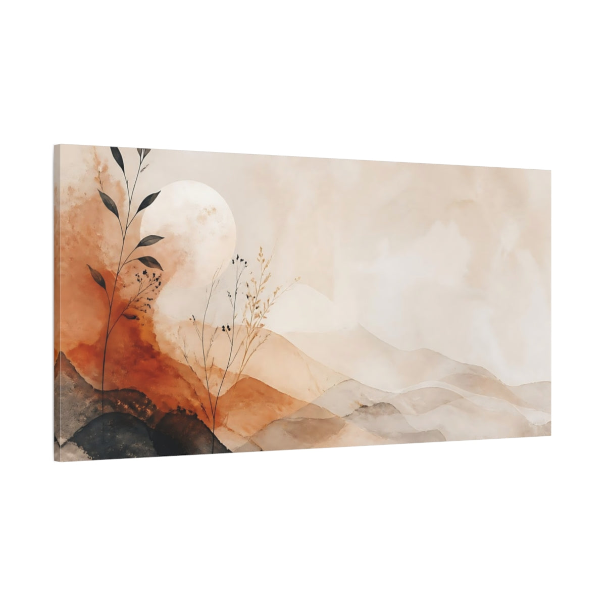 Side Mockup 2. Nature Abstract Mountains Terracotta And Beige shown as stretched canvas wall art