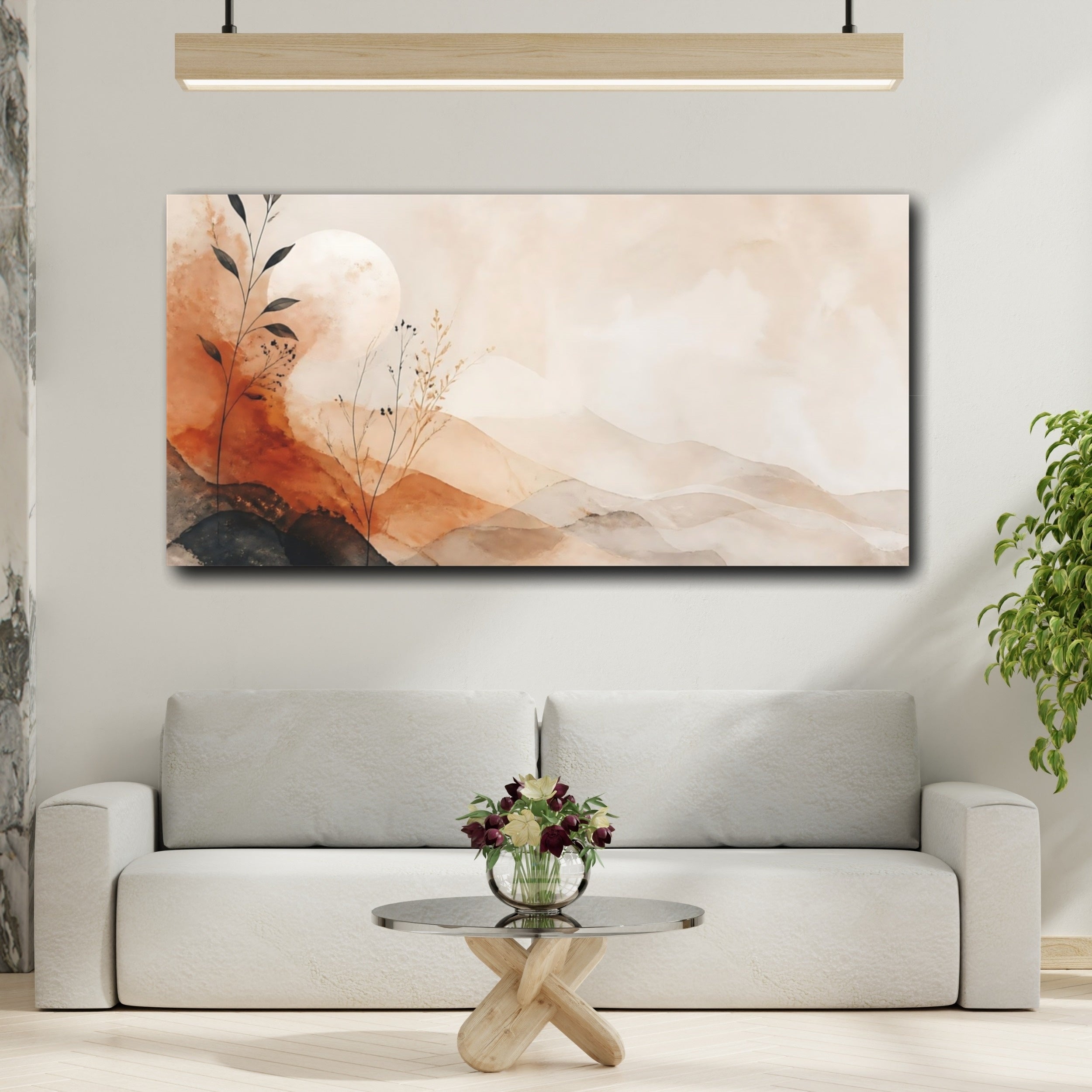 Mockup 2. Nature Abstract Mountains Terracotta And Beige shown as stretched canvas wall art