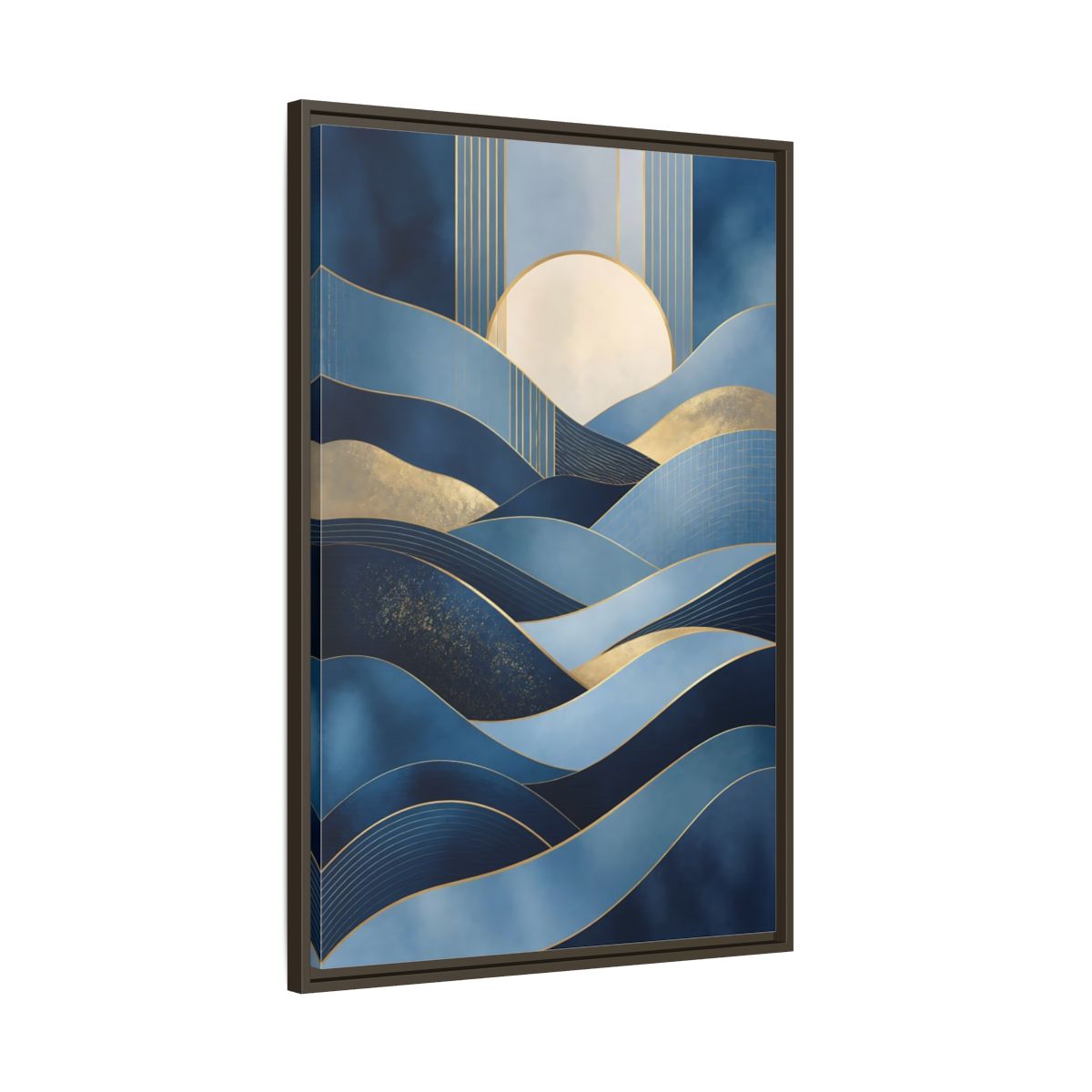 Main Mockup. Nature Abstract Waves Blue Gold Abstract shown as stretched canvas wall art