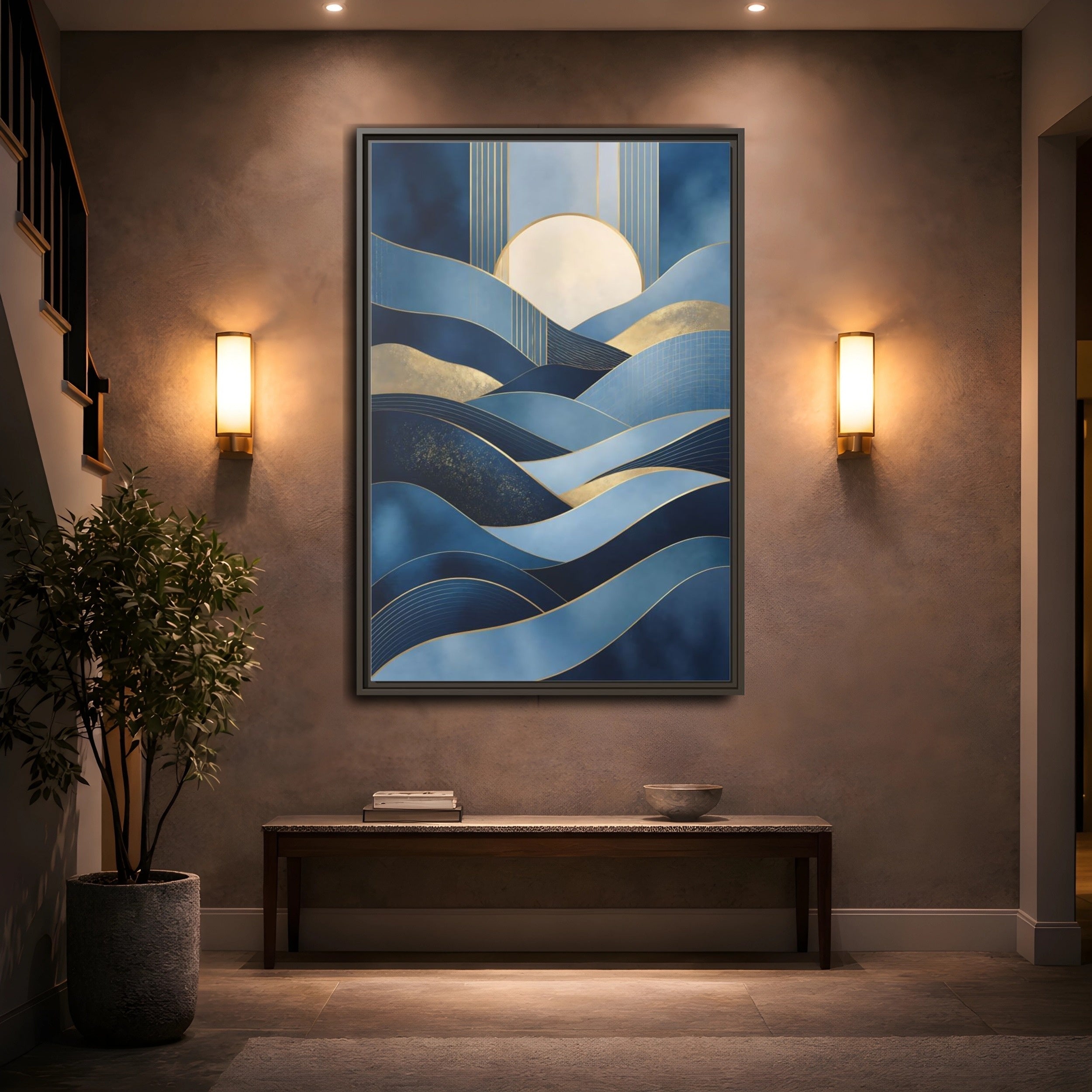 Mockup 2. Nature Abstract Waves Blue Gold Abstract shown as stretched canvas wall art
