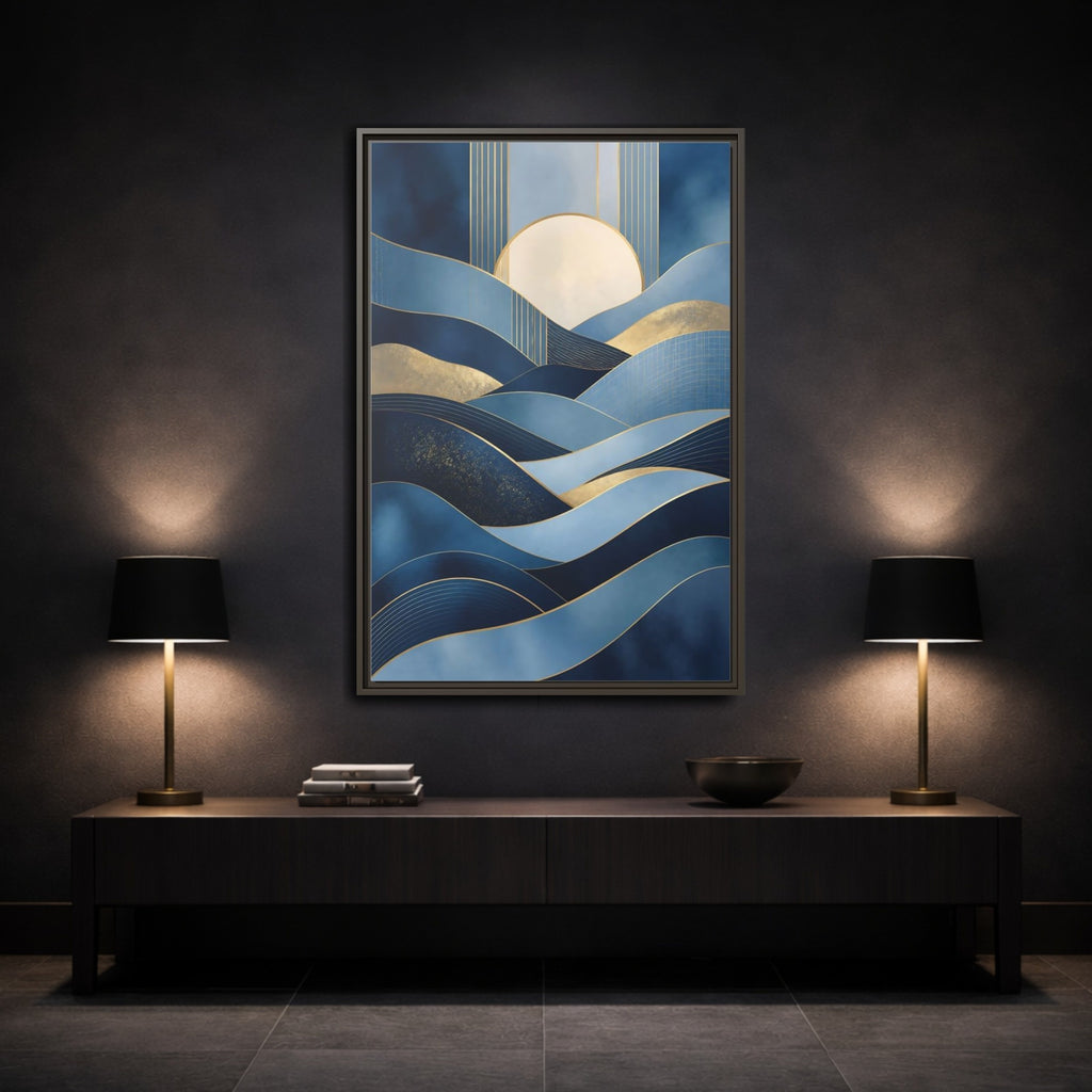 Mockup 3. Nature Abstract Waves Blue Gold Abstract shown as stretched canvas wall art