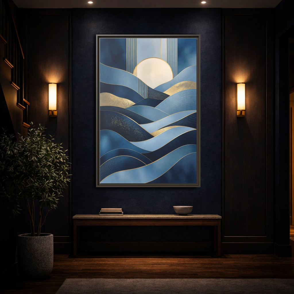Mockup 4. Nature Abstract Waves Blue Gold Abstract shown as stretched canvas wall art