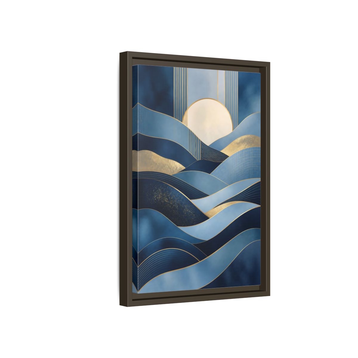 Side Mockup 5. Nature Abstract Waves Blue Gold Abstract shown as stretched canvas wall art