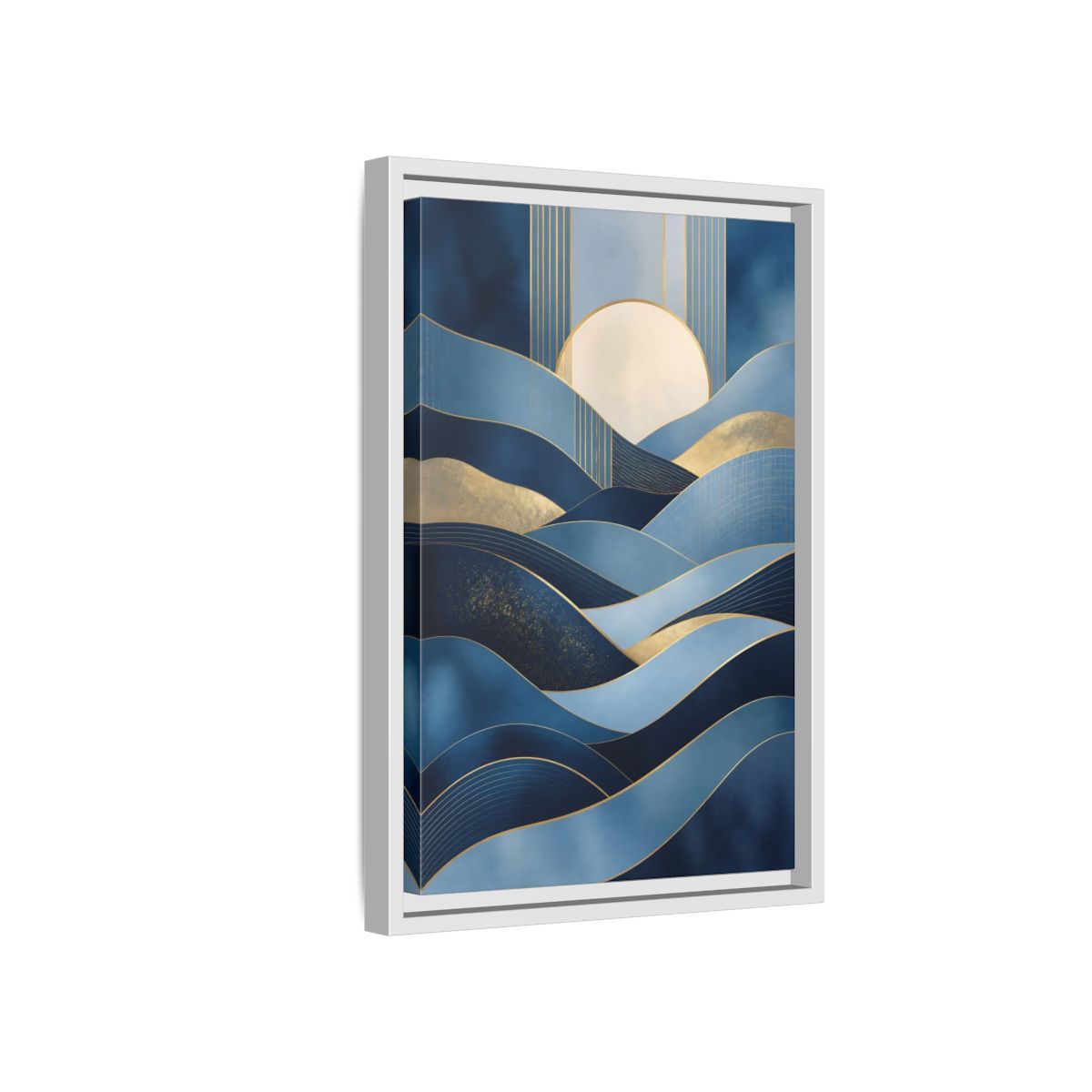 Side Mockup 4. Nature Abstract Waves Blue Gold Abstract shown as stretched canvas wall art