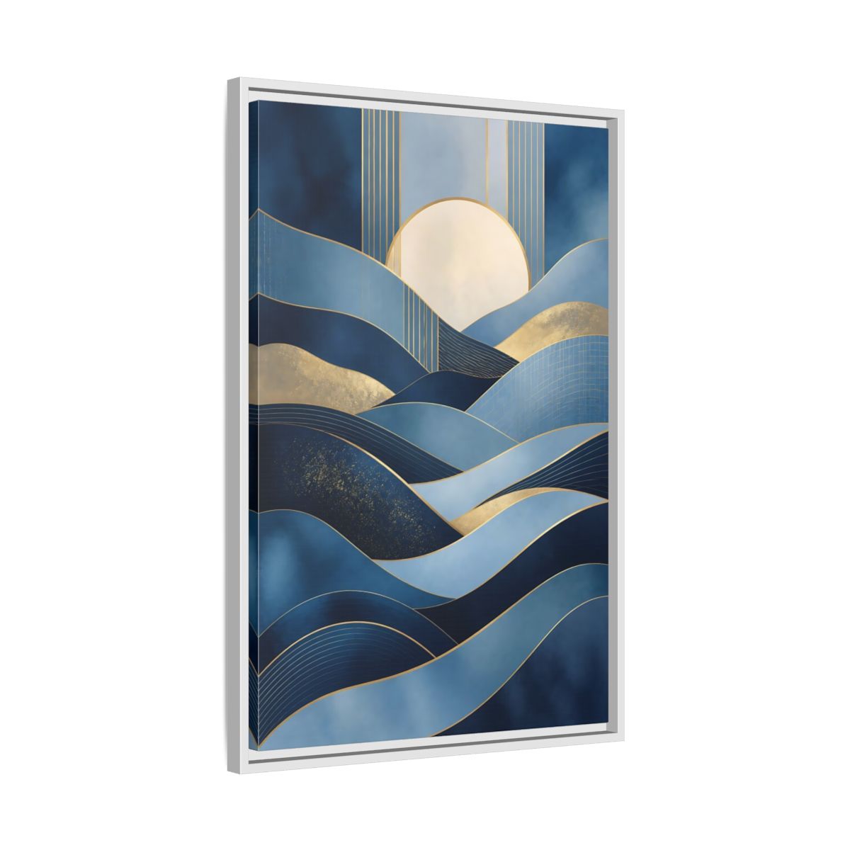 Side Mockup 10. Nature Abstract Waves Blue Gold Abstract shown as stretched canvas wall art