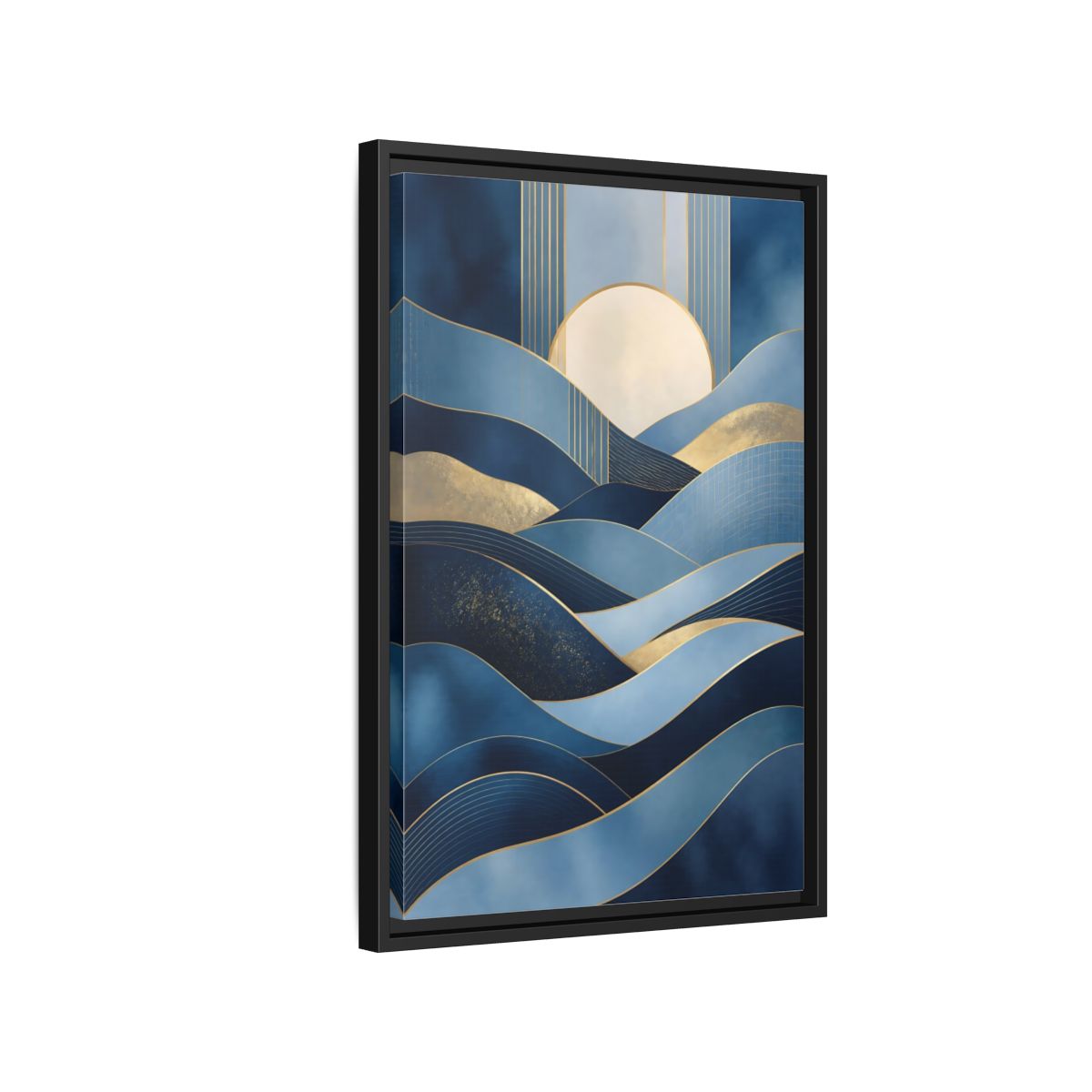 Side Mockup 3. Nature Abstract Waves Blue Gold Abstract shown as stretched canvas wall art