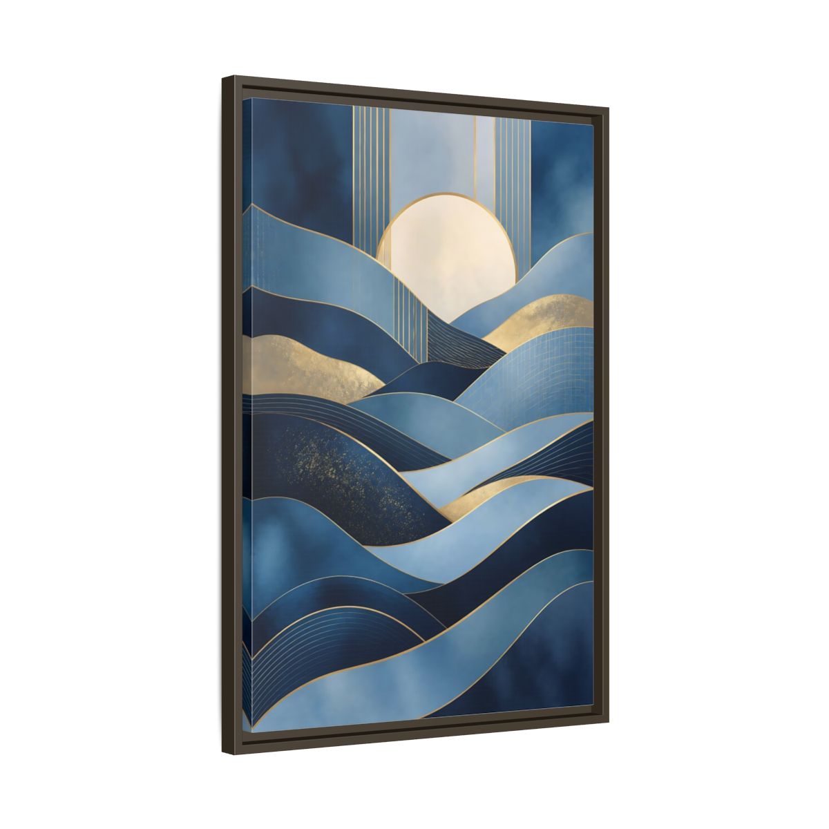 Side Mockup 11. Nature Abstract Waves Blue Gold Abstract shown as stretched canvas wall art