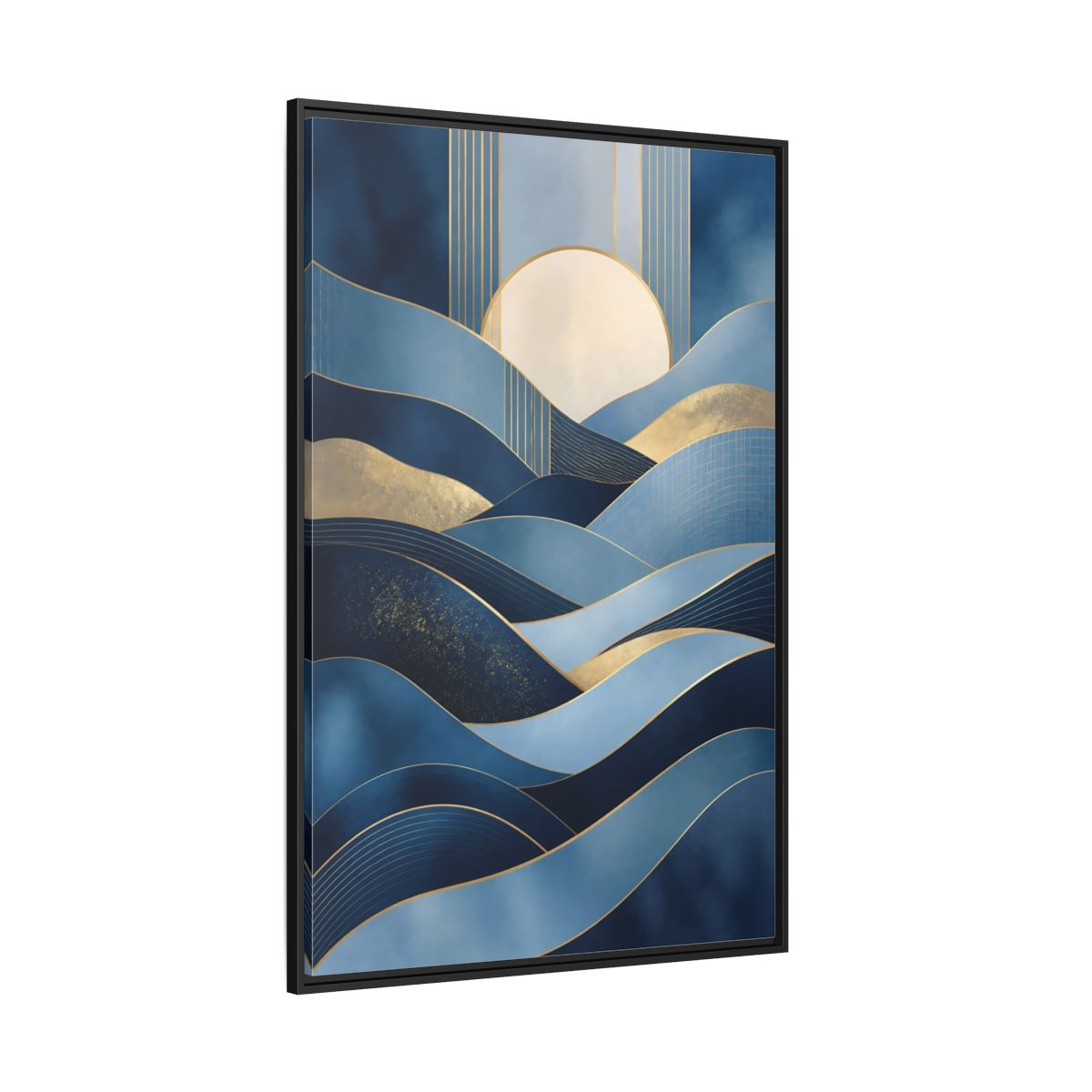 Side Mockup 12. Nature Abstract Waves Blue Gold Abstract shown as stretched canvas wall art