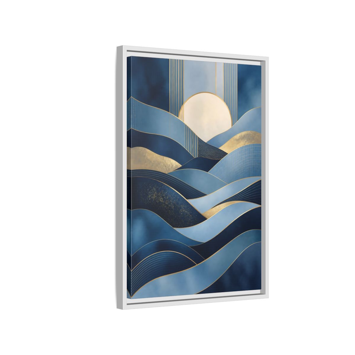 Side Mockup 1. Nature Abstract Waves Blue Gold Abstract shown as stretched canvas wall art