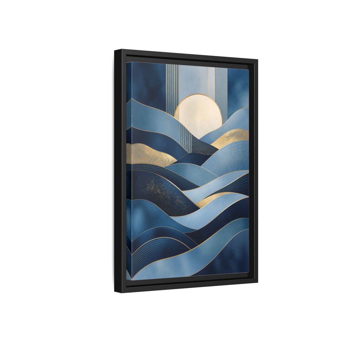 Side Mockup 6. Nature Abstract Waves Blue Gold Abstract shown as stretched canvas wall art