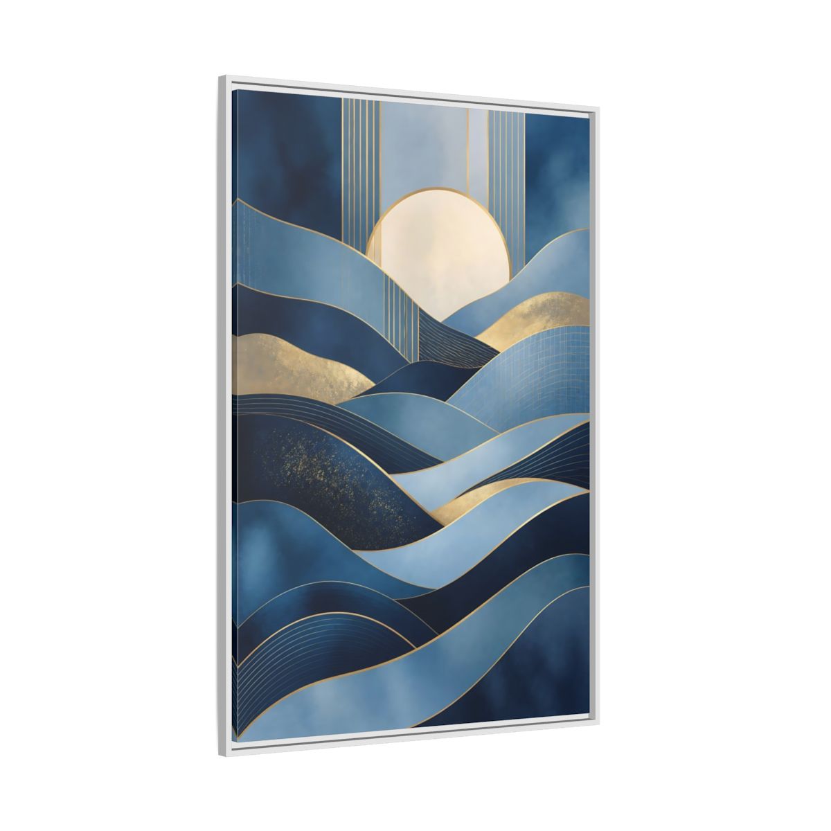 Side Mockup 7. Nature Abstract Waves Blue Gold Abstract shown as stretched canvas wall art