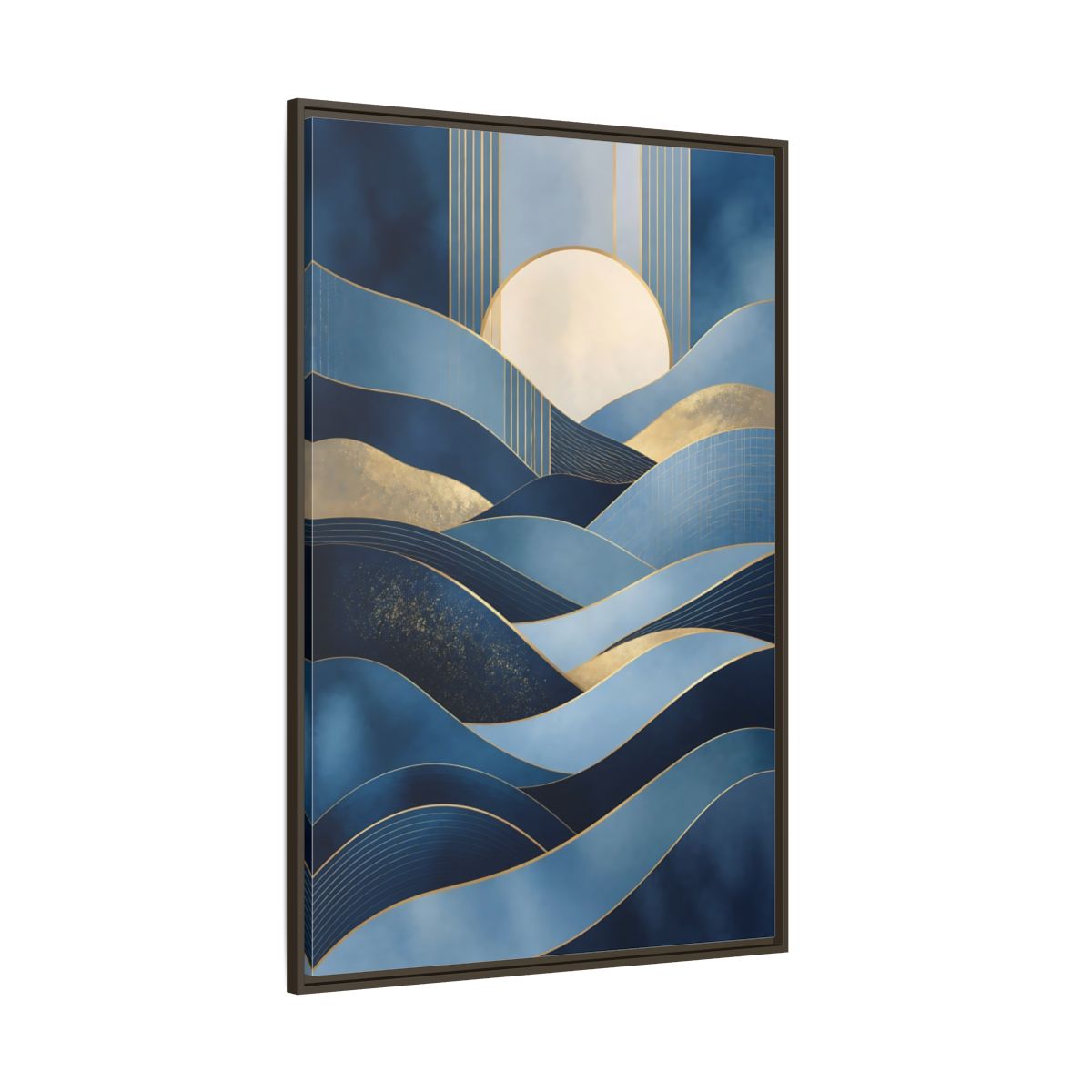 Side Mockup 8. Nature Abstract Waves Blue Gold Abstract shown as stretched canvas wall art