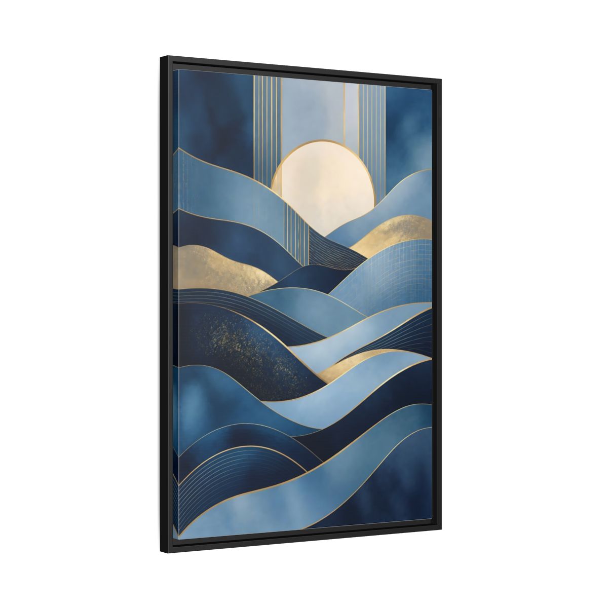 Side Mockup 13. Nature Abstract Waves Blue Gold Abstract shown as stretched canvas wall art