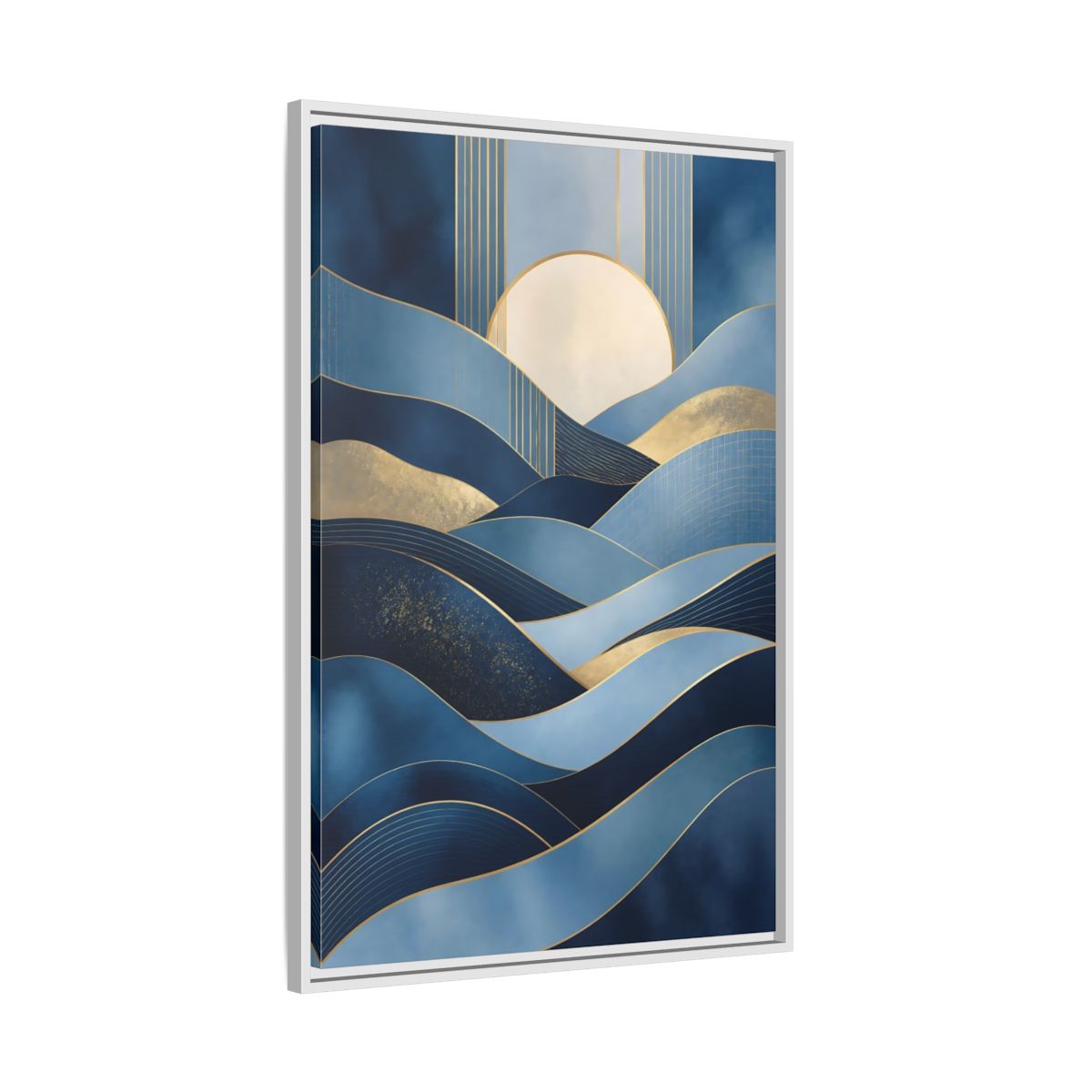 Side Mockup 9. Nature Abstract Waves Blue Gold Abstract shown as stretched canvas wall art