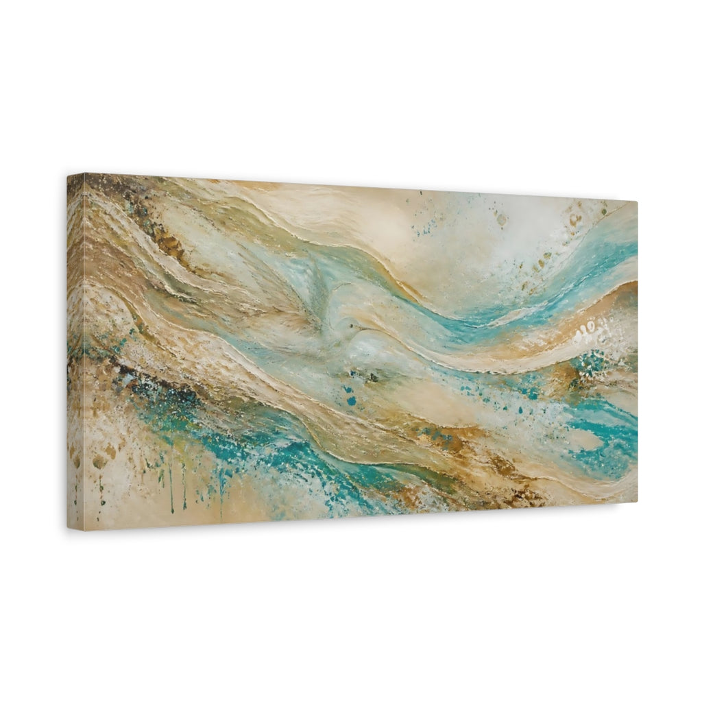 Side Mockup 3. Nature Abstract Waves Teal Gold Texture shown as stretched canvas wall art