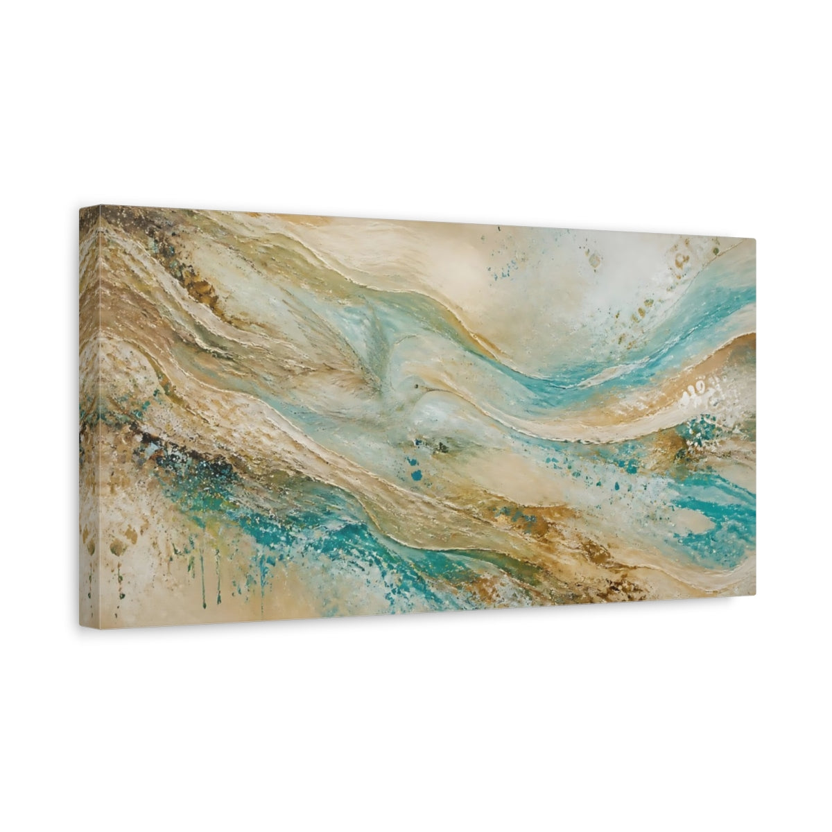 Side Mockup 3. Nature Abstract Waves Teal Gold Texture shown as stretched canvas wall art