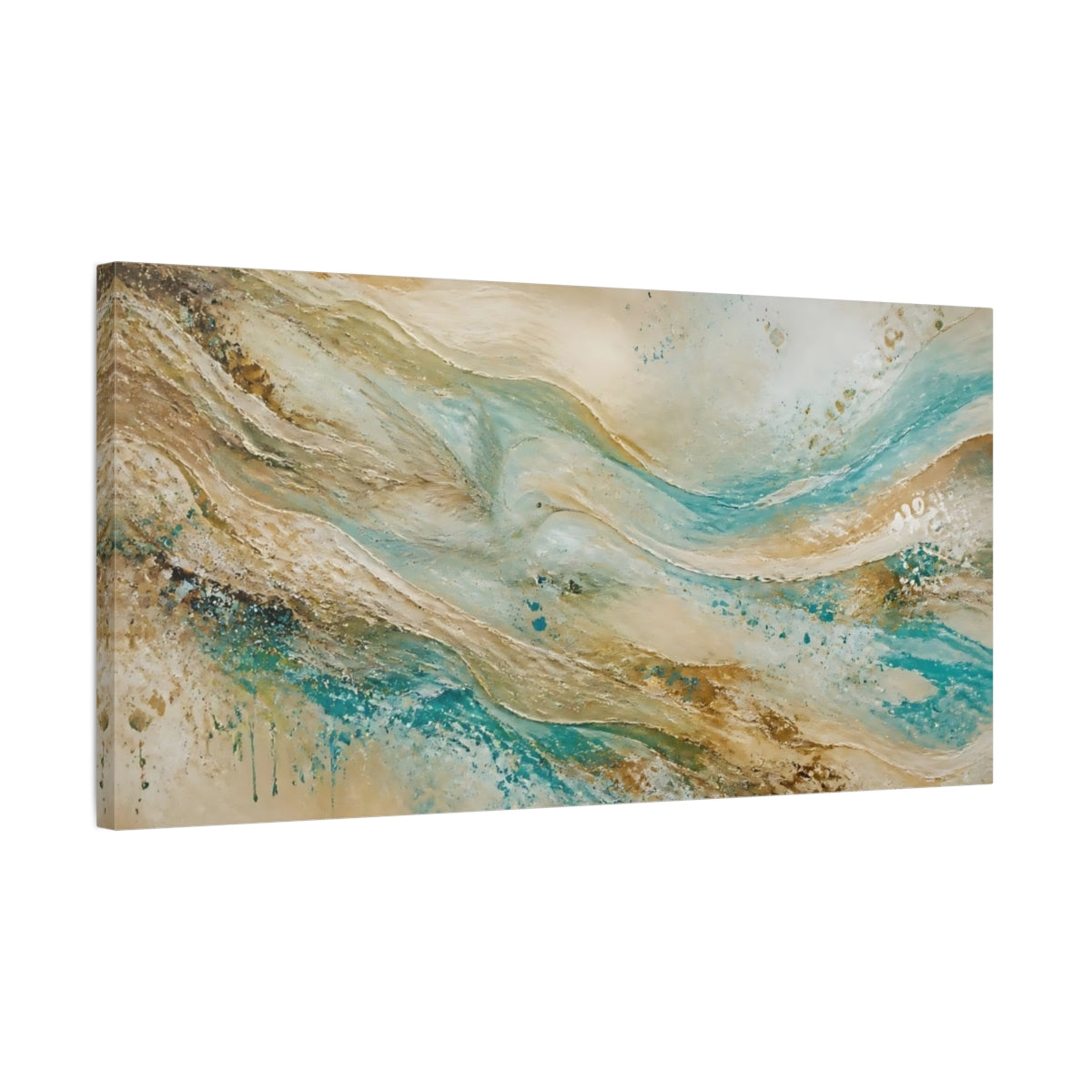 Side Mockup 1. Nature Abstract Waves Teal Gold Texture shown as stretched canvas wall art