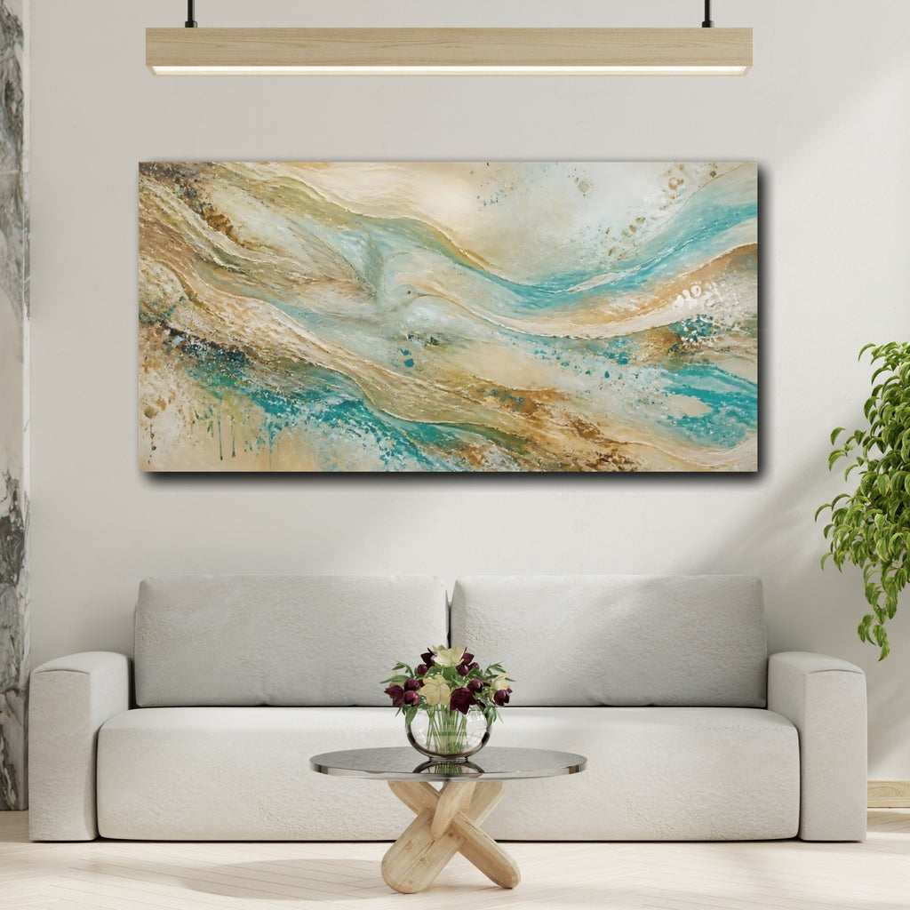 Mockup 2. Nature Abstract Waves Teal Gold Texture shown as stretched canvas wall art