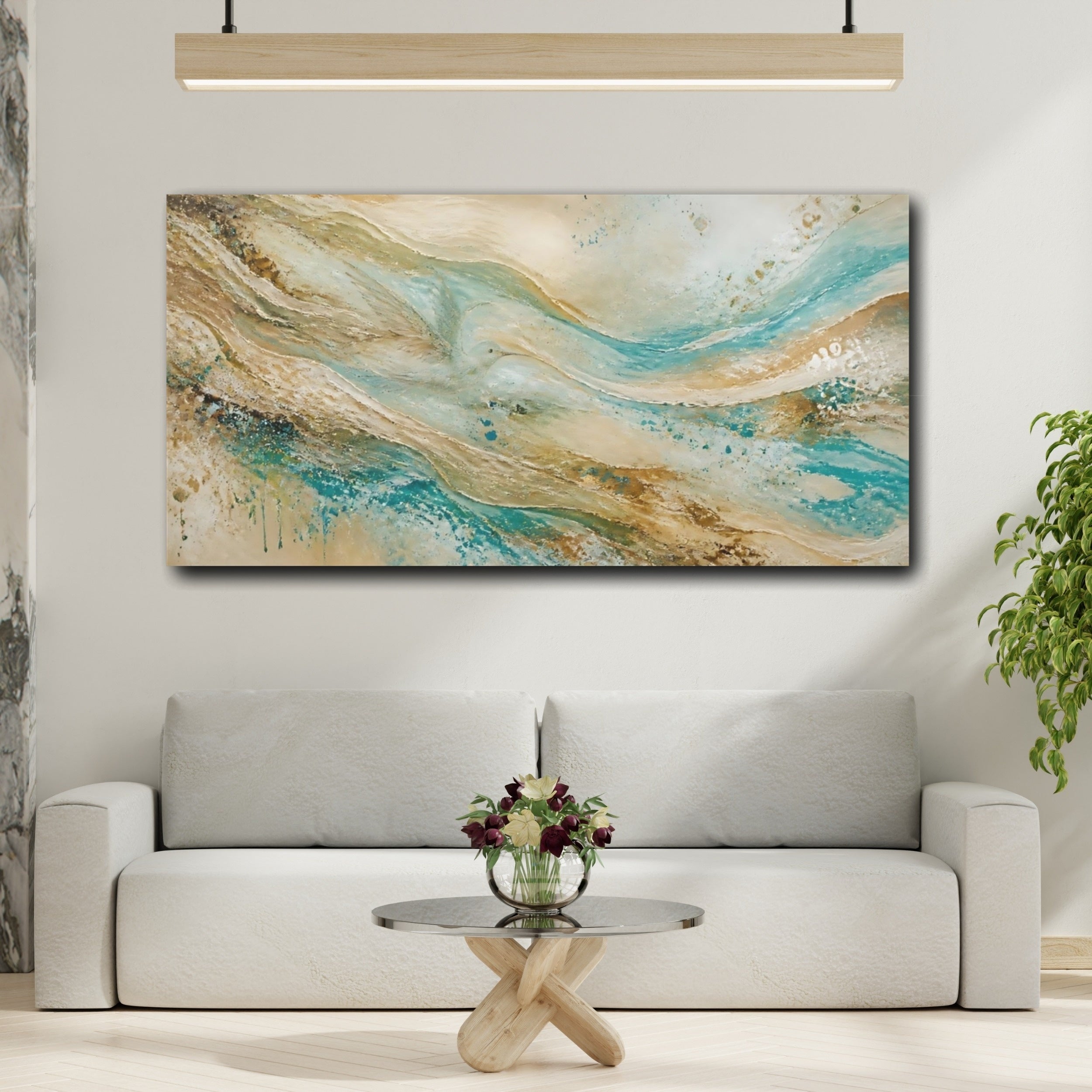 Mockup 2. Nature Abstract Waves Teal Gold Texture shown as stretched canvas wall art