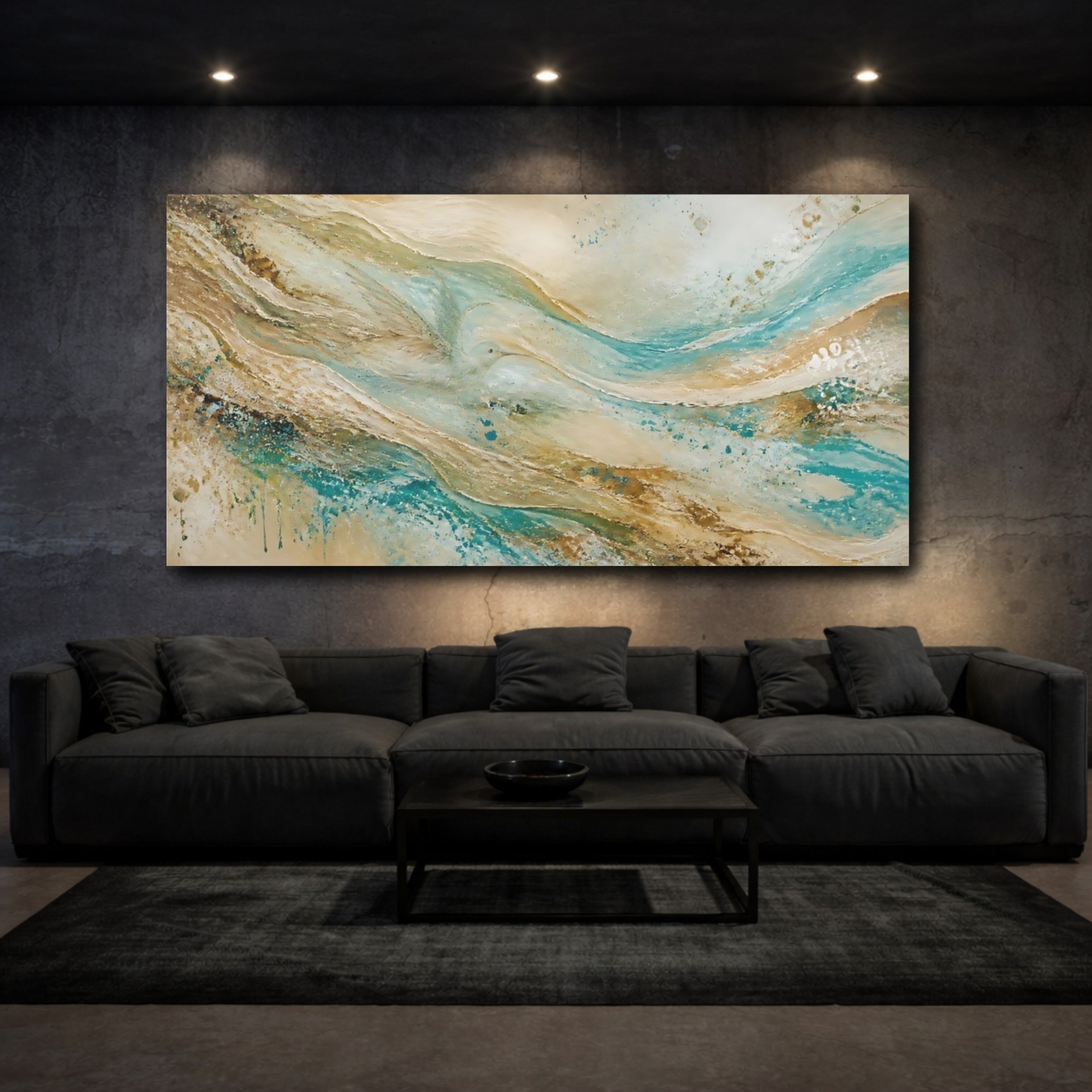 Mockup 3. Nature Abstract Waves Teal Gold Texture shown as stretched canvas wall art