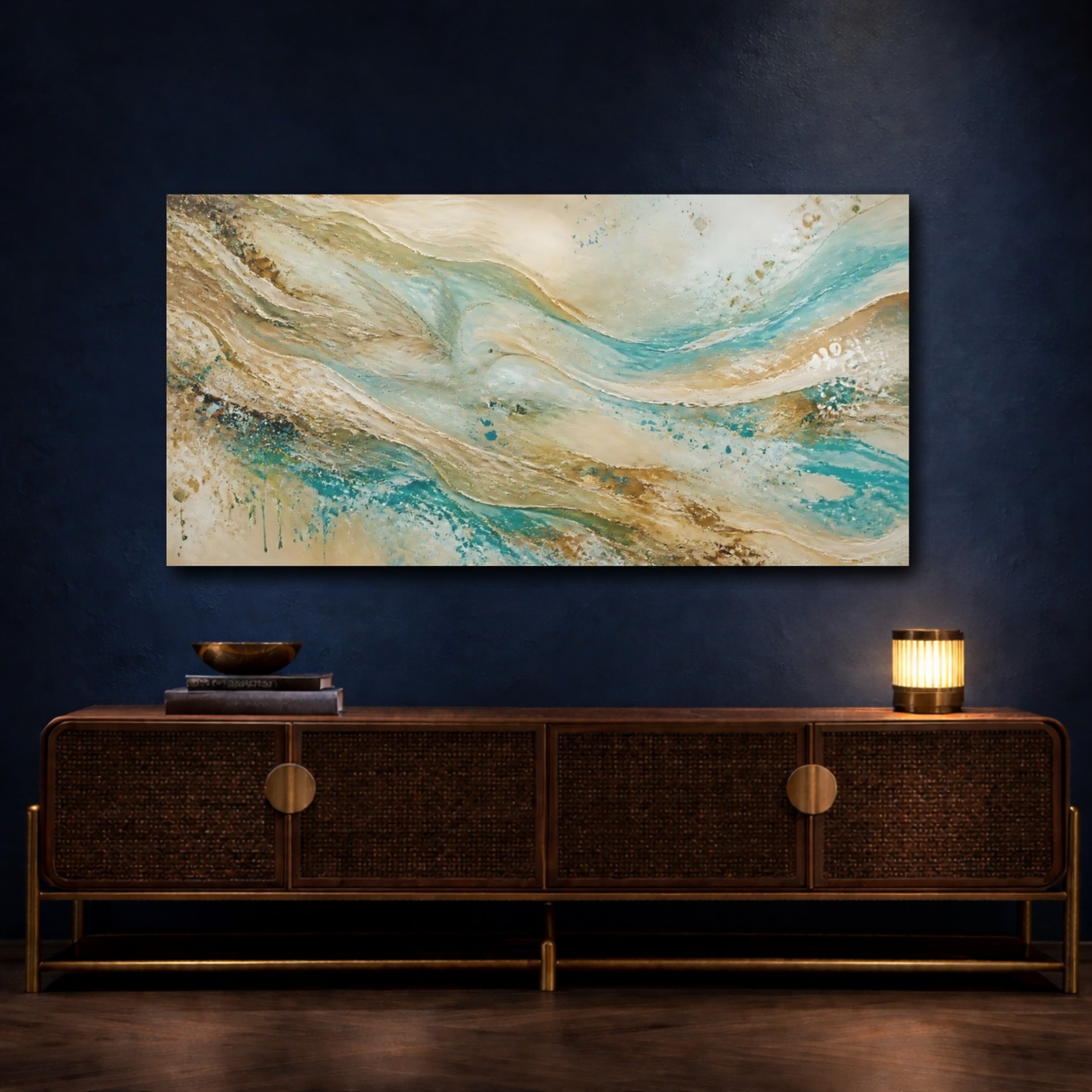 Mockup 4. Nature Abstract Waves Teal Gold Texture shown as stretched canvas wall art