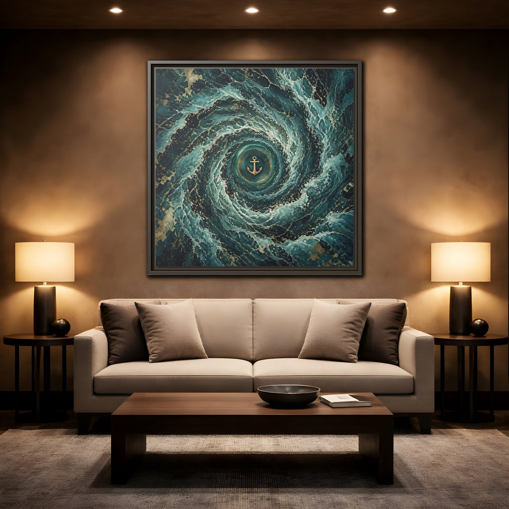 Mockup 2. Nature Anchor Teal Gold Anchor shown as stretched canvas wall art