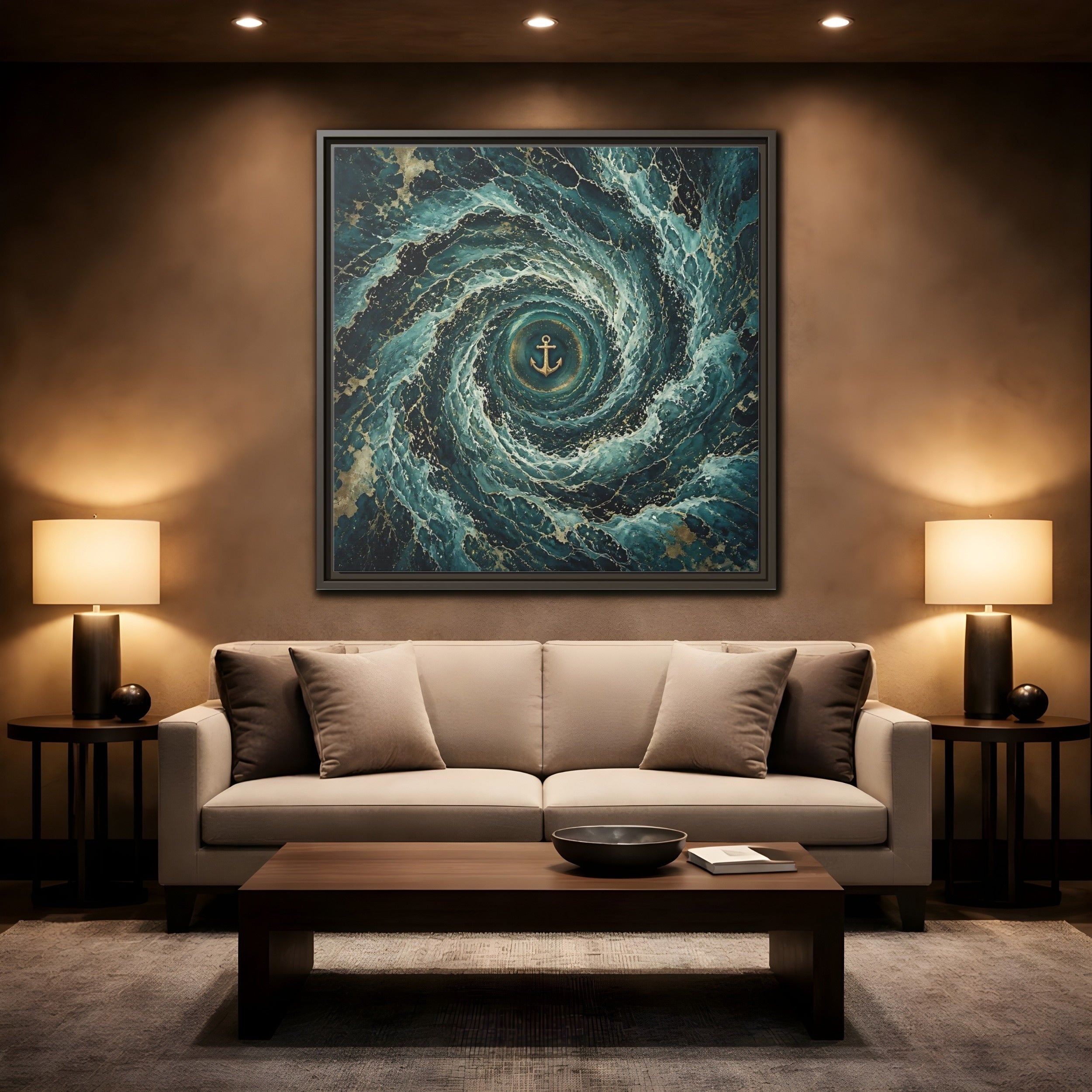 Mockup 2. Nature Anchor Teal Gold Anchor shown as stretched canvas wall art