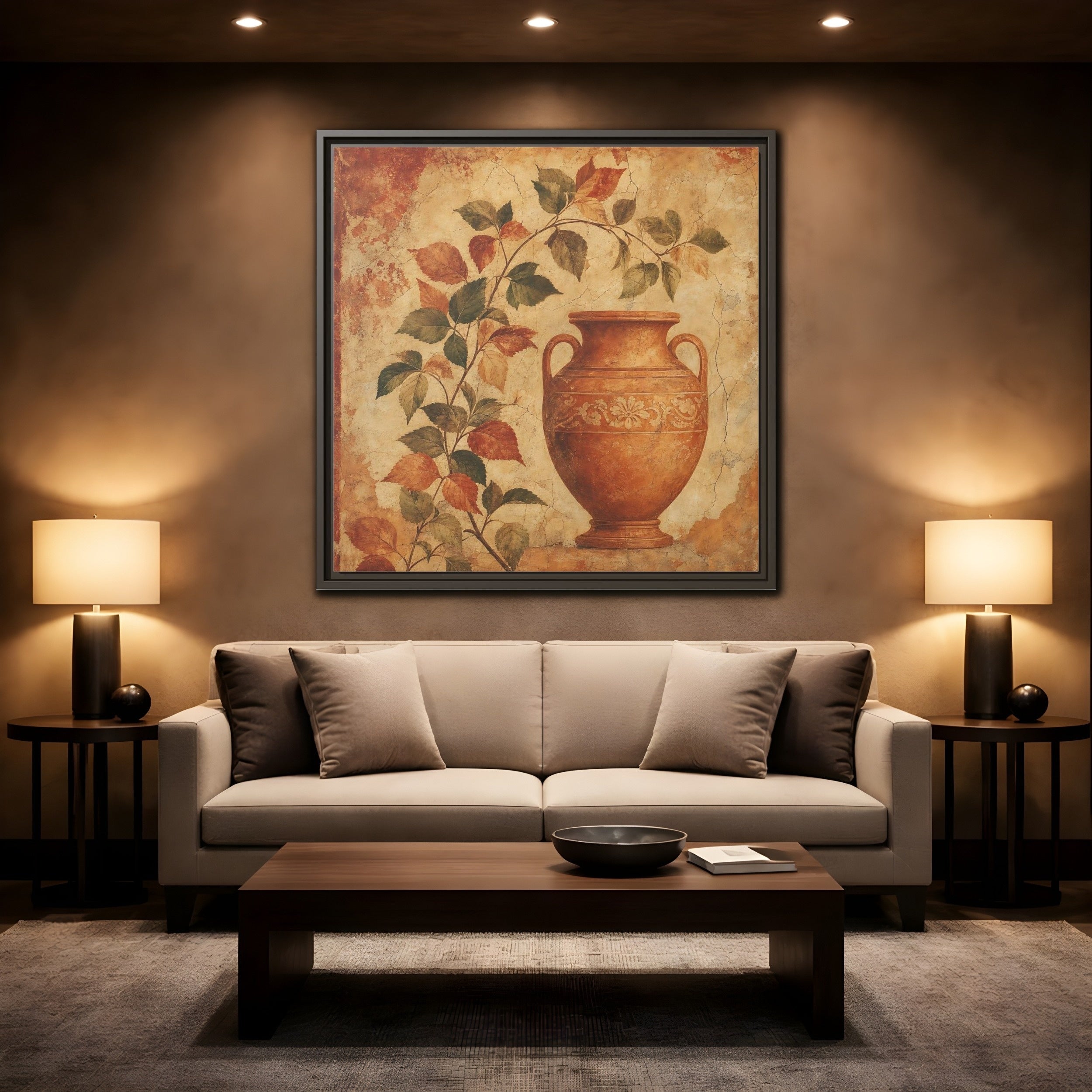 Mockup 2. Nature Ancient Vase Terracotta And Green shown as stretched canvas wall art
