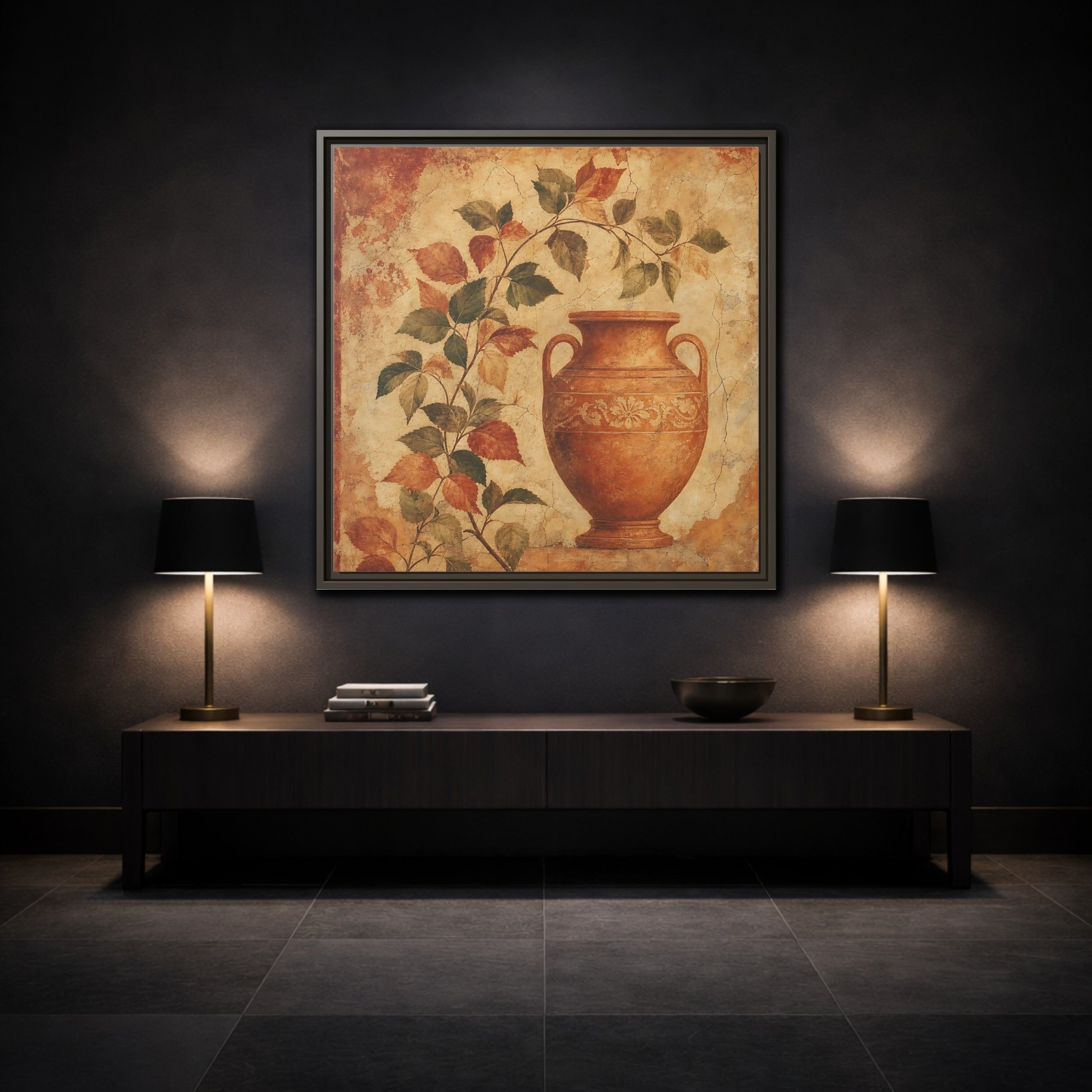 Mockup 3. Nature Ancient Vase Terracotta And Green shown as stretched canvas wall art