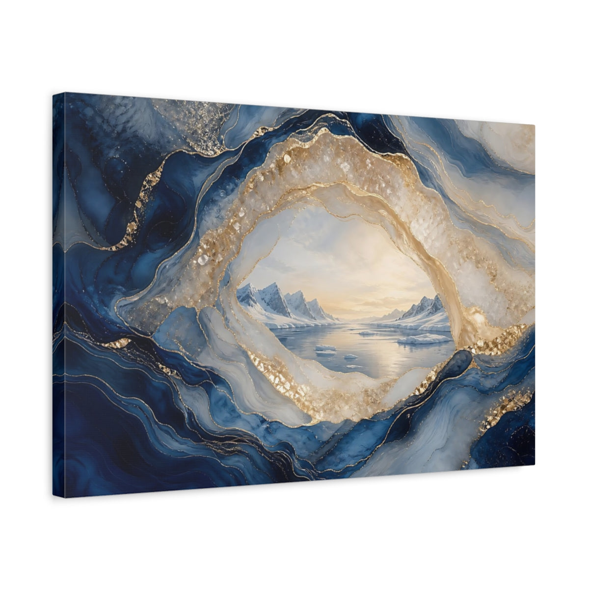 Side Mockup 3. Nature Arctic Landscape Blue And Gold shown as stretched canvas wall art