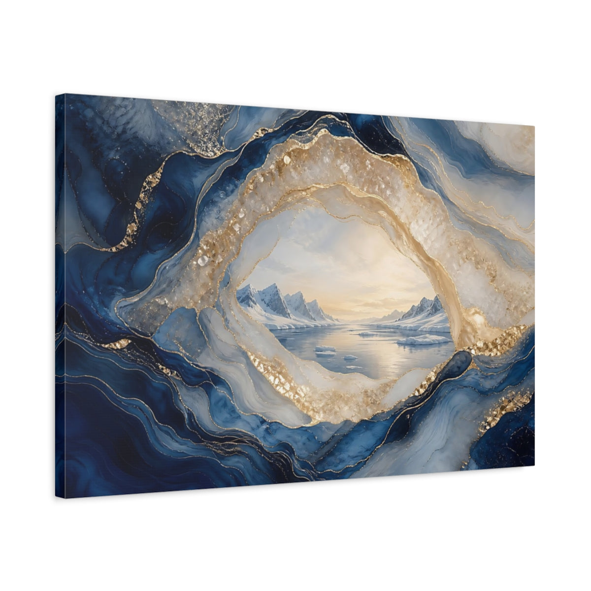 Side Mockup 2. Nature Arctic Landscape Blue And Gold shown as stretched canvas wall art