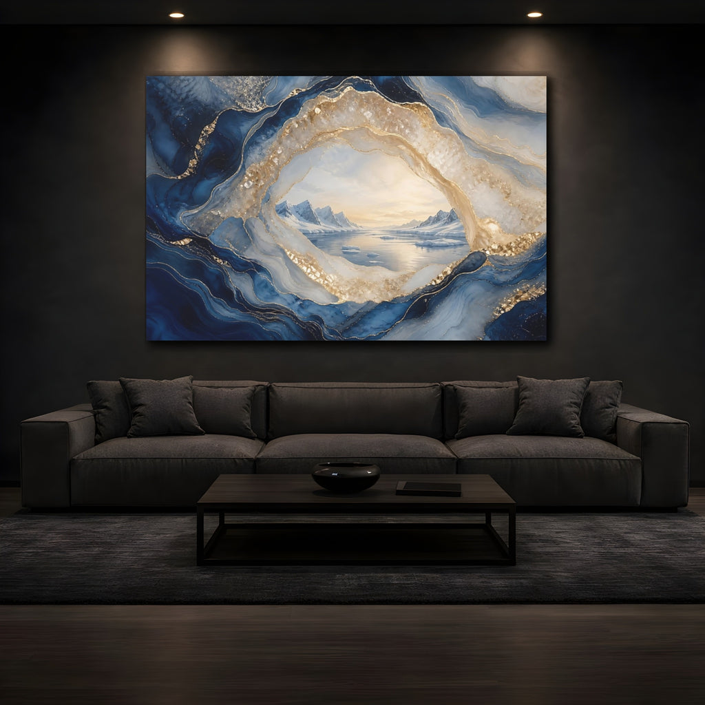 Mockup 3. Nature Arctic Landscape Blue And Gold shown as stretched canvas wall art