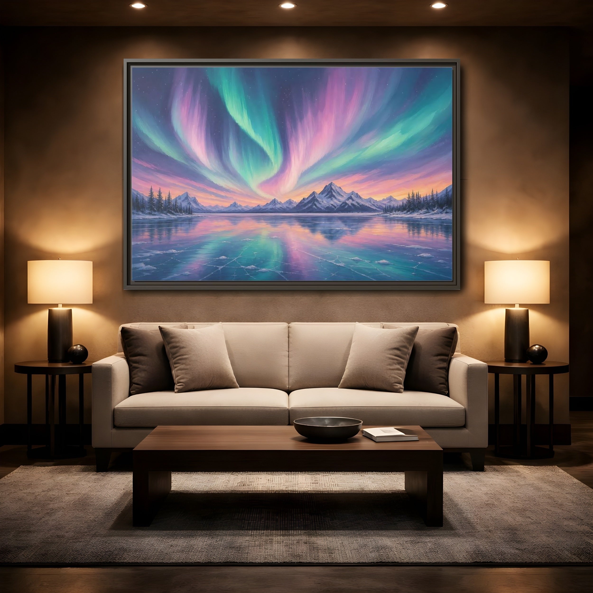 Mockup 2. Nature Aurora Borealis Purple Green Aurora shown as stretched canvas wall art