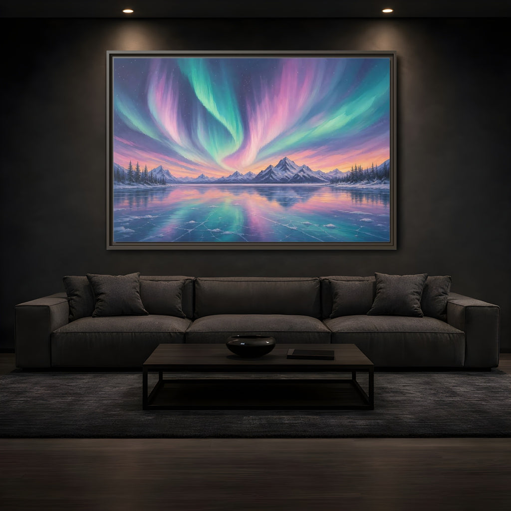 Mockup 3. Nature Aurora Borealis Purple Green Aurora shown as stretched canvas wall art
