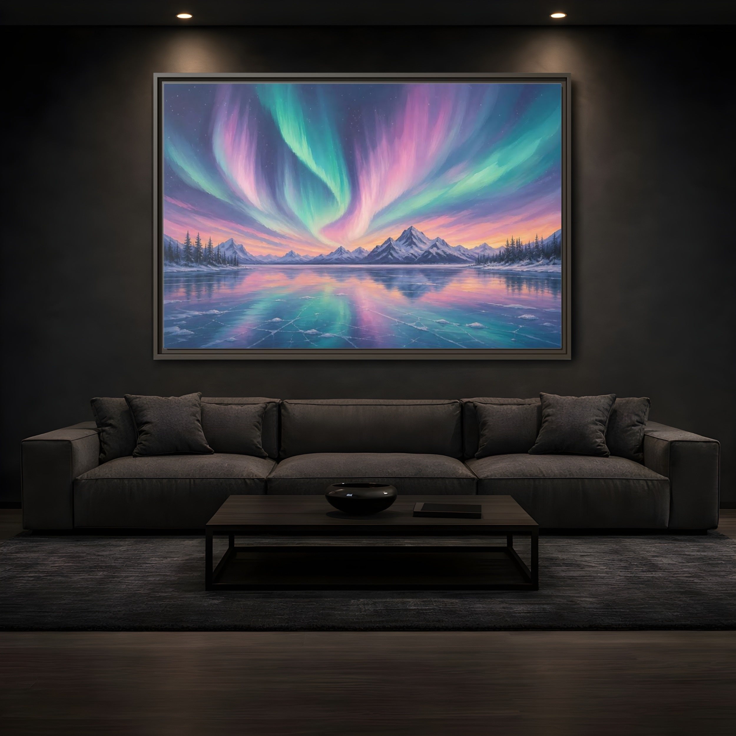 Mockup 3. Nature Aurora Borealis Purple Green Aurora shown as stretched canvas wall art