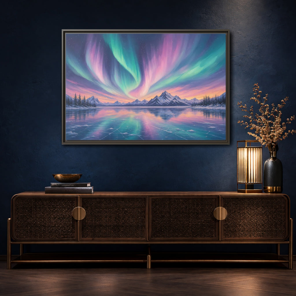 Mockup 4. Nature Aurora Borealis Purple Green Aurora shown as stretched canvas wall art