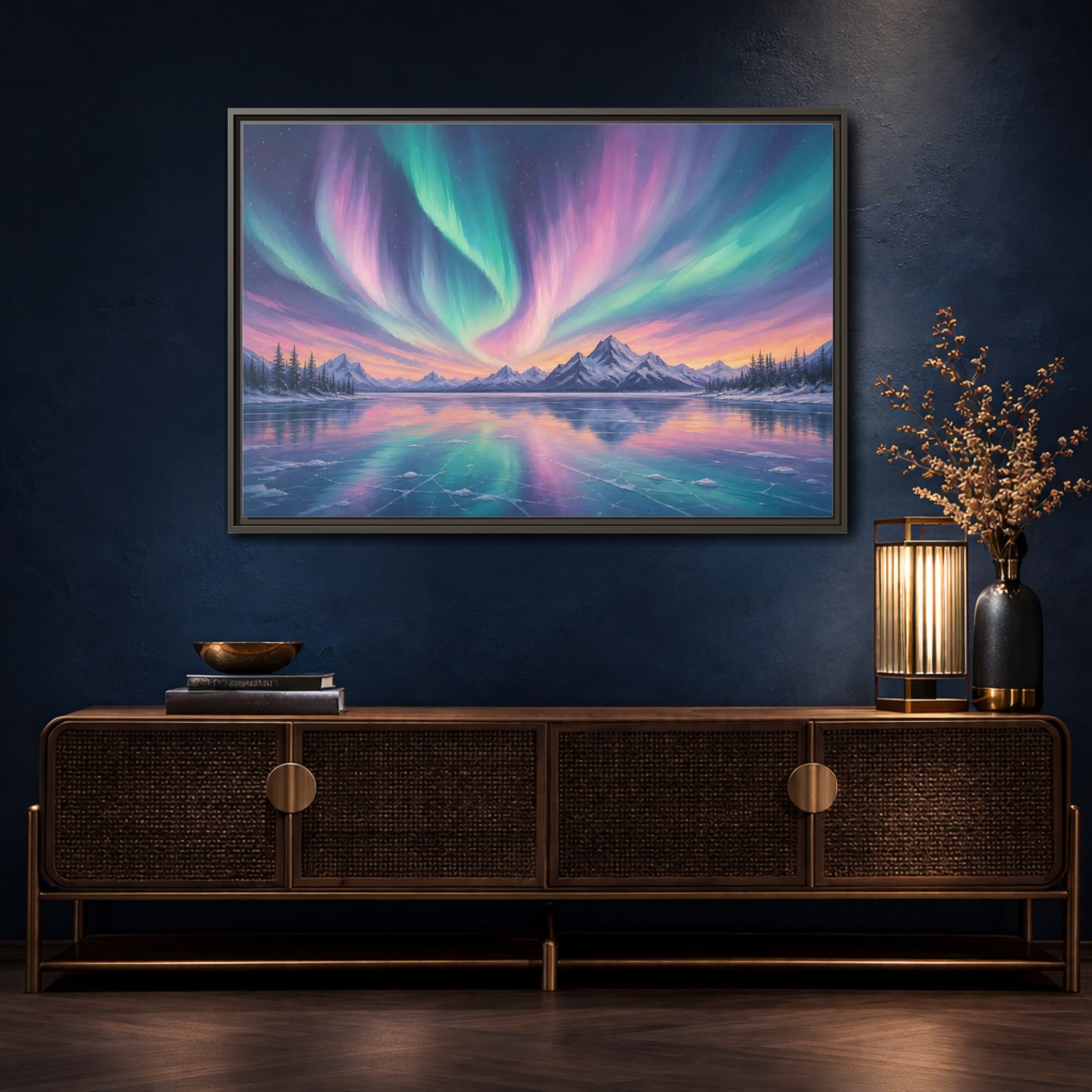 Mockup 4. Nature Aurora Borealis Purple Green Aurora shown as stretched canvas wall art