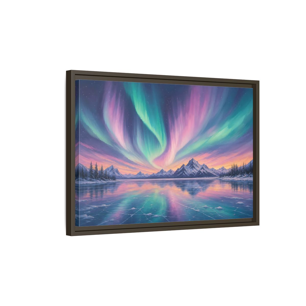 Side Mockup 2. Nature Aurora Borealis Purple Green Aurora shown as stretched canvas wall art
