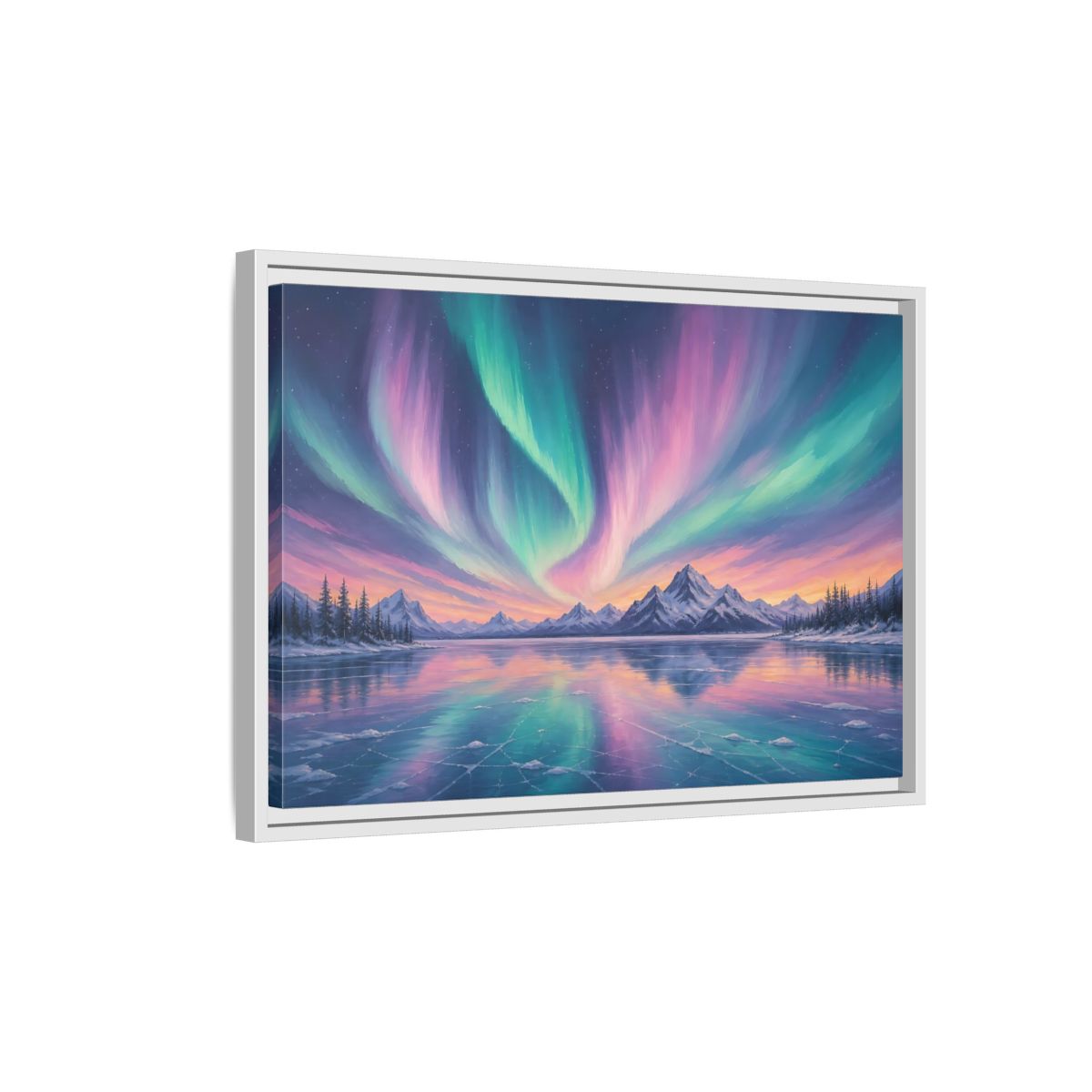 Side Mockup 1. Nature Aurora Borealis Purple Green Aurora shown as stretched canvas wall art