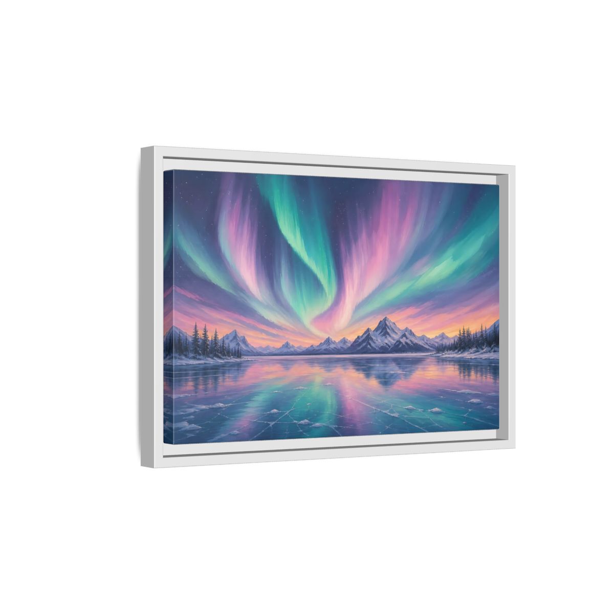 Side Mockup 4. Nature Aurora Borealis Purple Green Aurora shown as stretched canvas wall art