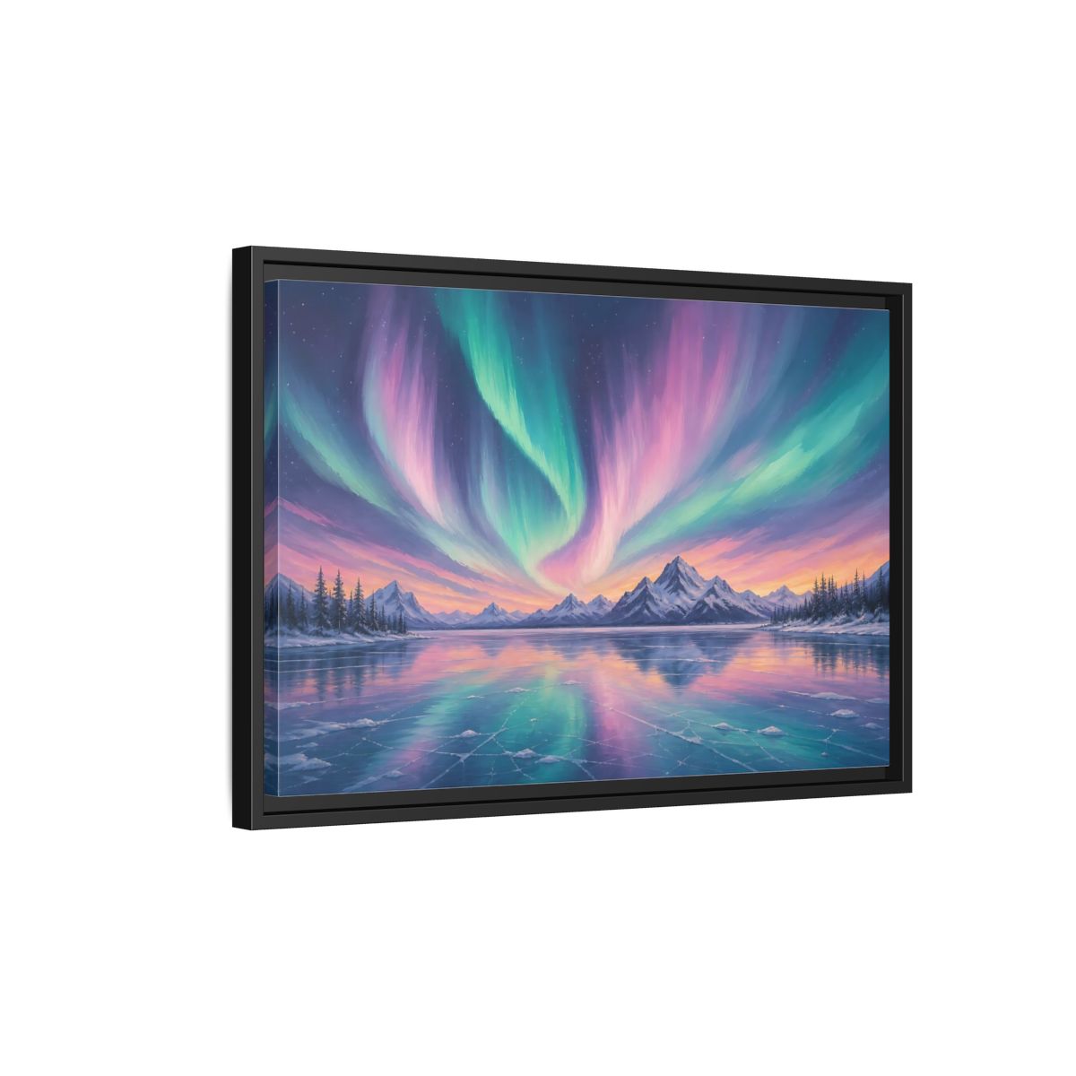 Side Mockup 3. Nature Aurora Borealis Purple Green Aurora shown as stretched canvas wall art
