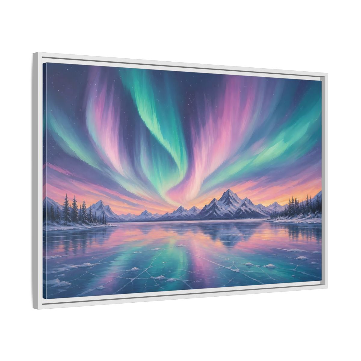 Side Mockup 9. Nature Aurora Borealis Purple Green Aurora shown as stretched canvas wall art