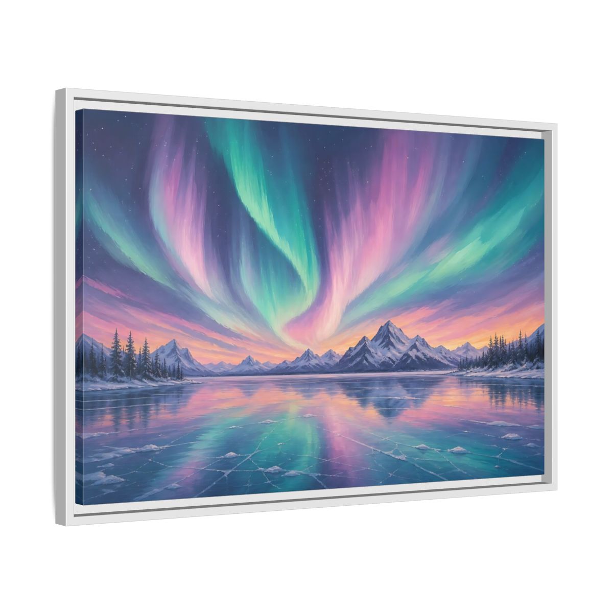 Side Mockup 10. Nature Aurora Borealis Purple Green Aurora shown as stretched canvas wall art