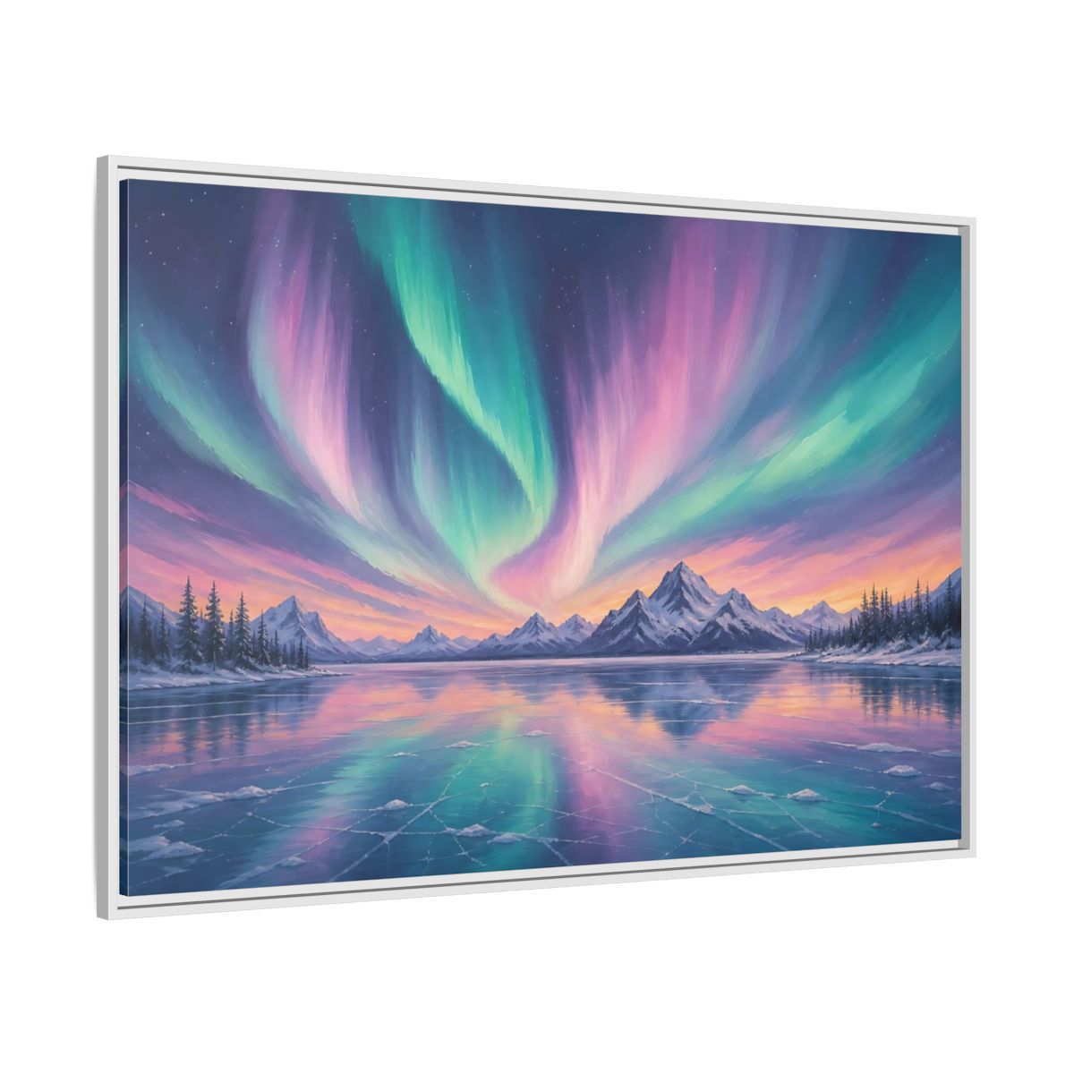 Side Mockup 7. Nature Aurora Borealis Purple Green Aurora shown as stretched canvas wall art