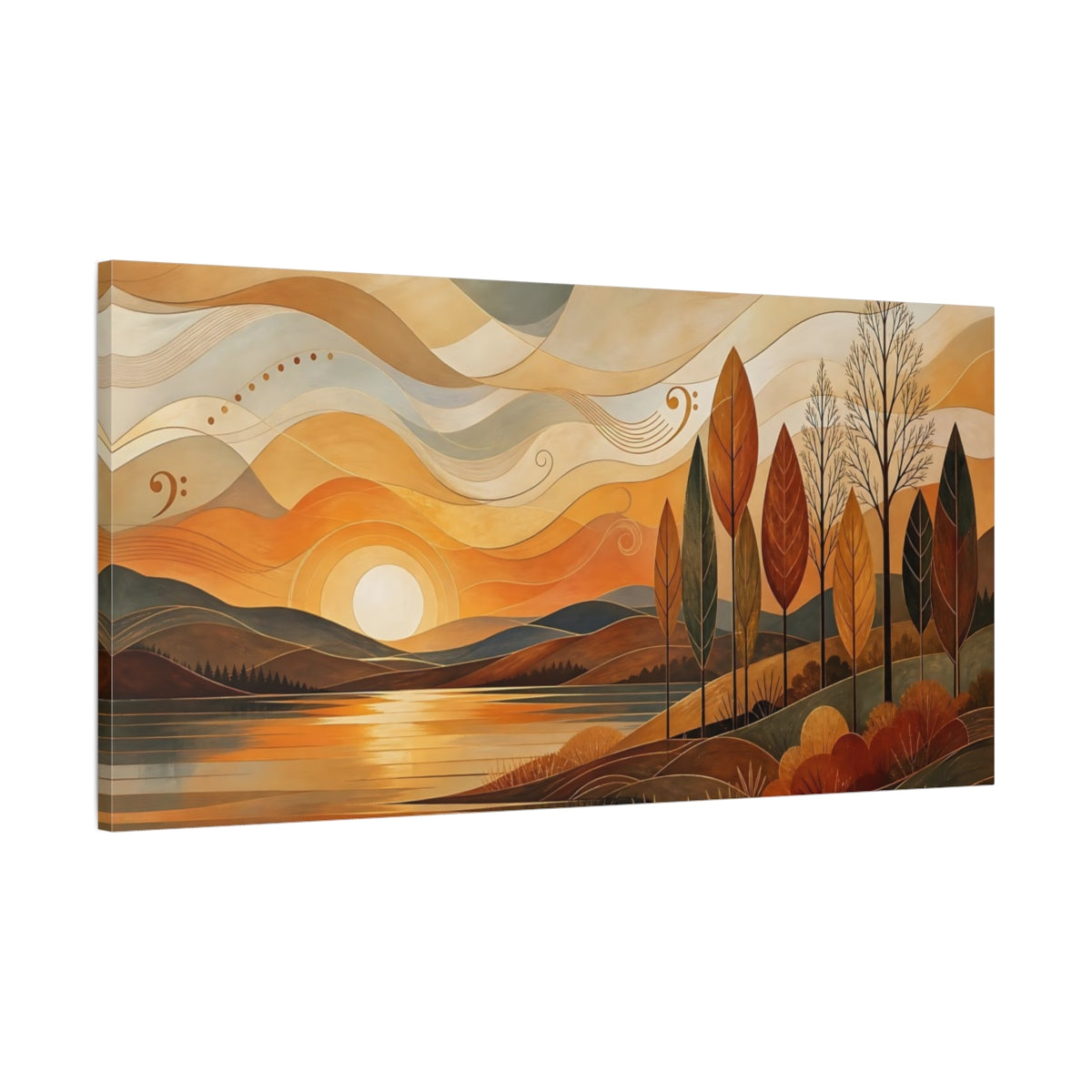 Main Mockup. Nature Autumn Lake Orange Landscape shown as stretched canvas wall art