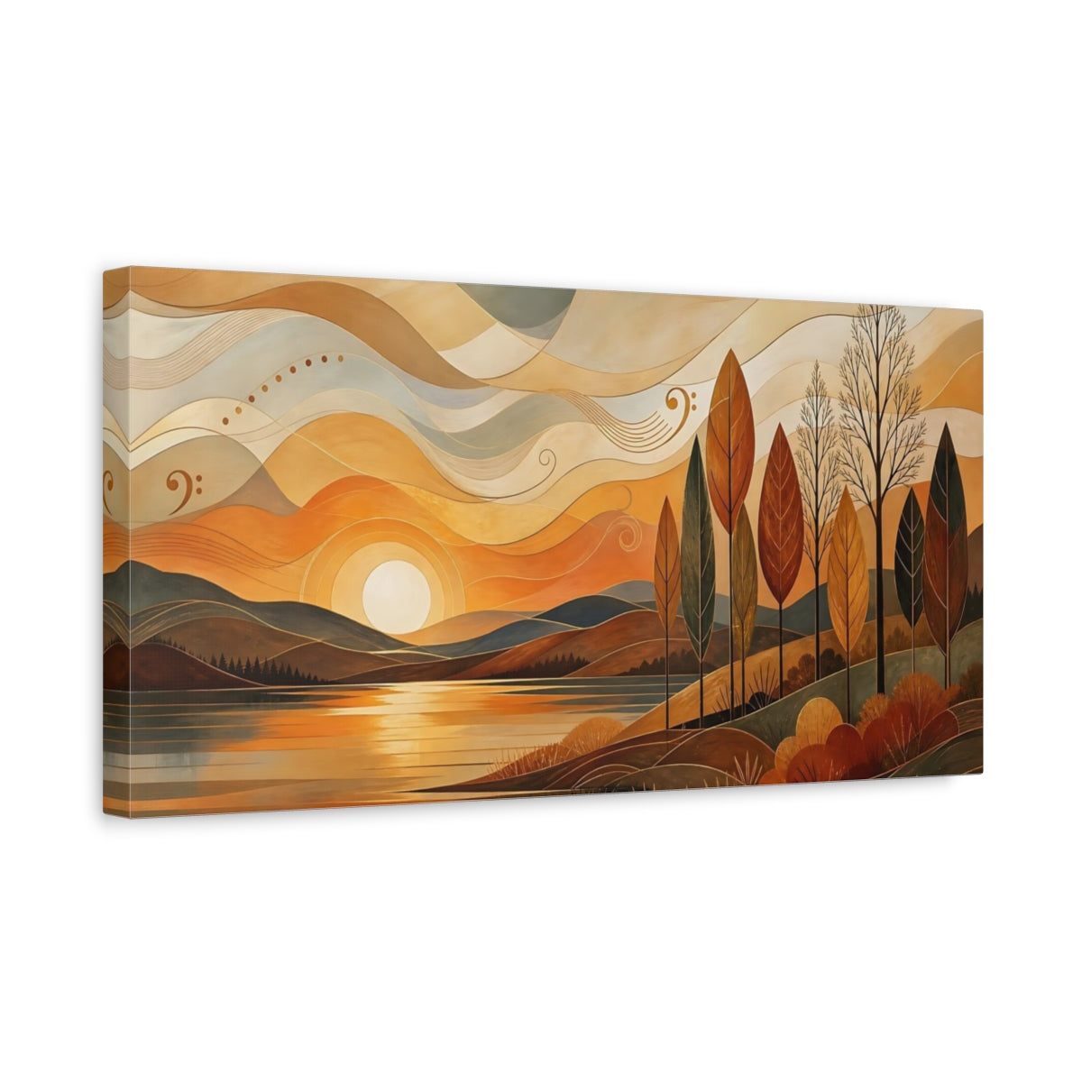 Side Mockup 3. Nature Autumn Lake Orange Landscape shown as stretched canvas wall art