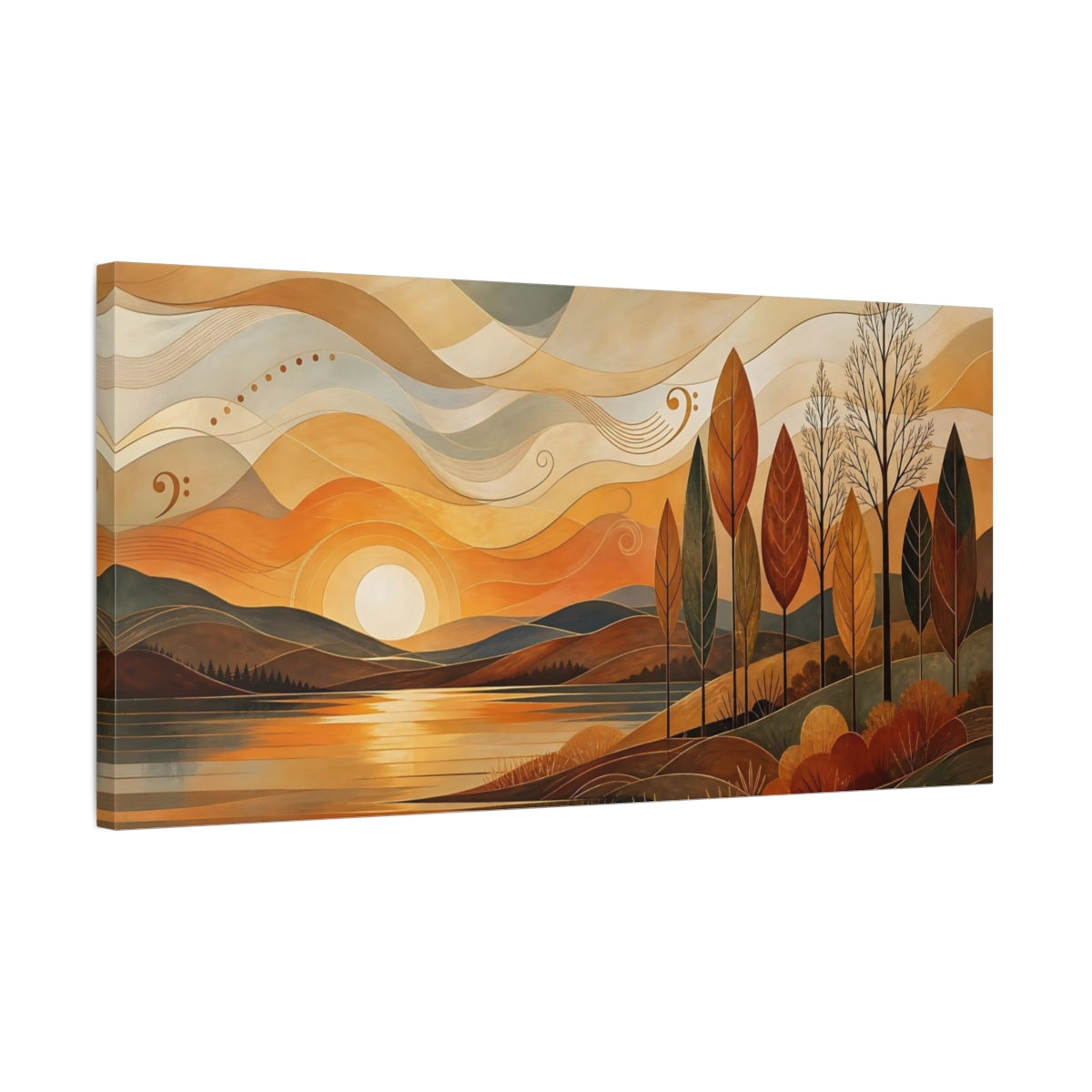 Side Mockup 1. Nature Autumn Lake Orange Landscape shown as stretched canvas wall art
