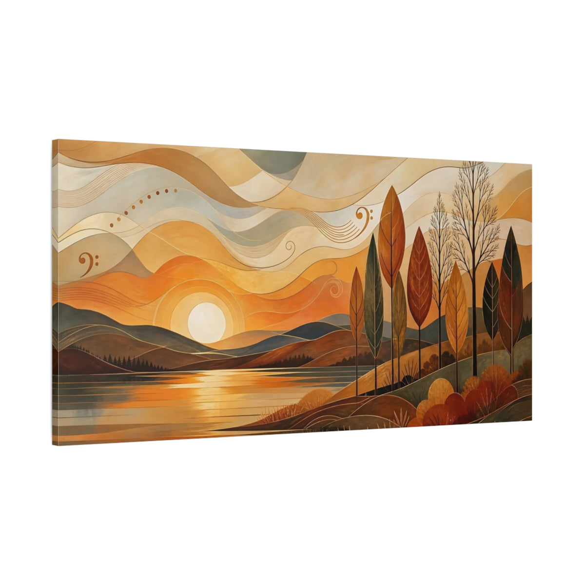 Side Mockup 2. Nature Autumn Lake Orange Landscape shown as stretched canvas wall art