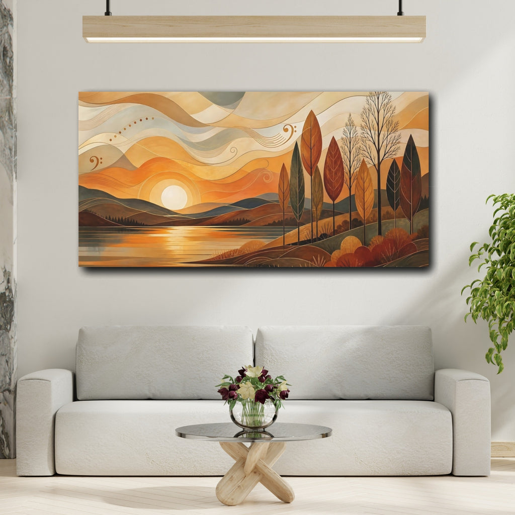 Mockup 2. Nature Autumn Lake Orange Landscape shown as stretched canvas wall art